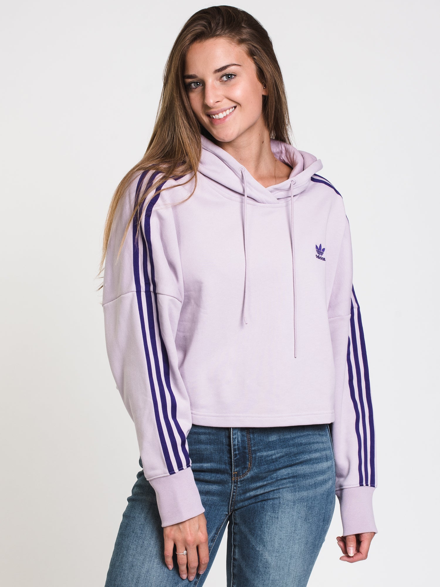 Adidas 3 Stripe Cut Off Crop Pullover Hoodie - Women's Athletic Sweatshirt for Gym, Running & Casual Wear | Clearance Sale