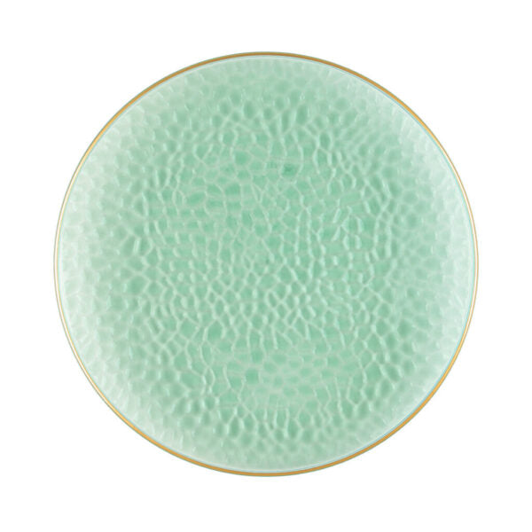 Eco-Friendly Green & Gold Round Hammered Plastic Plates - Organic & Durable Dinnerware for Parties, Picnics, and Outdoor Events