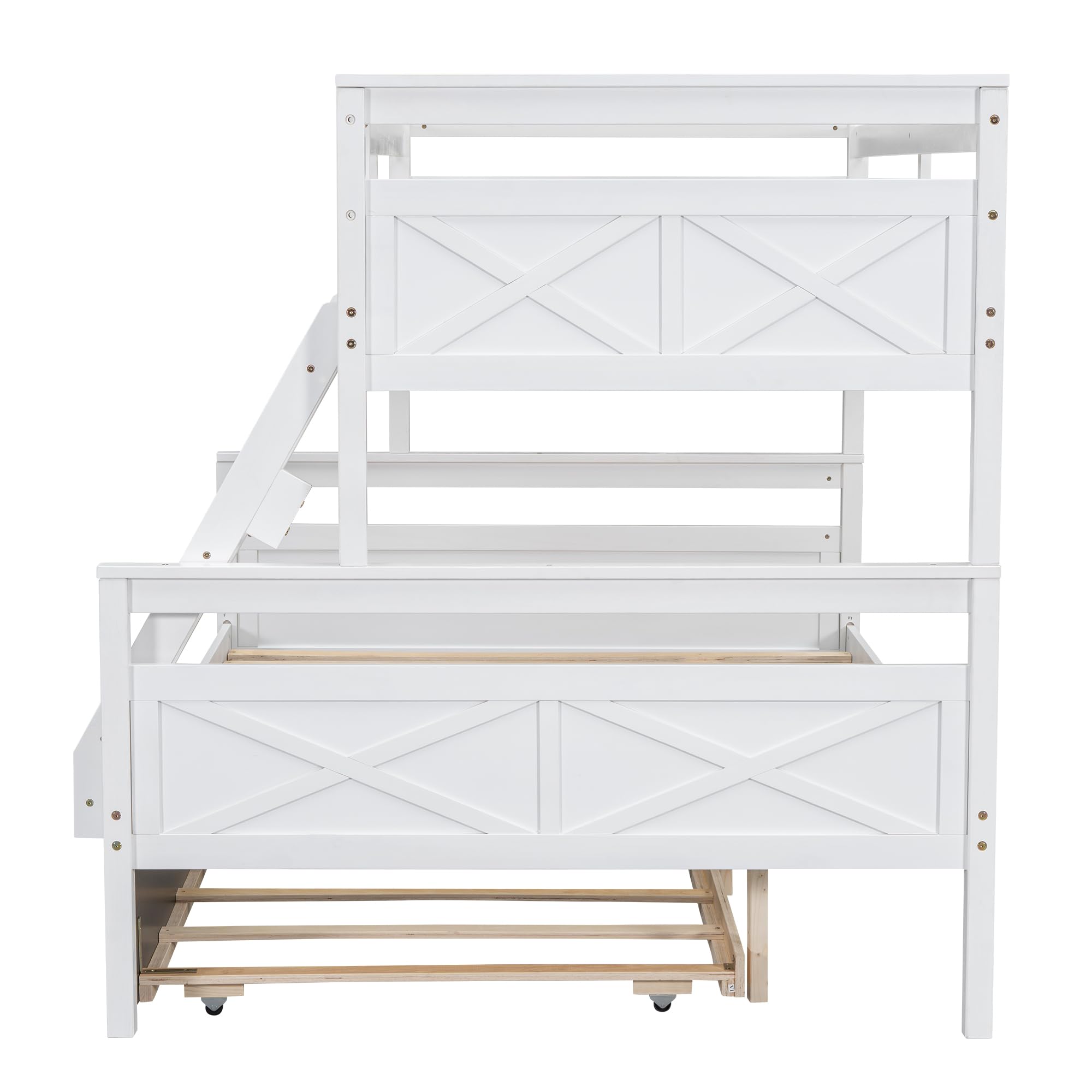 Merax Twin Over Full Wood Bunk Bed with Trundle - Solid Wood Frame, Guardrail & Ladder - White - Space-Saving Kids Bedroom Furniture for Sleepovers & Small Rooms