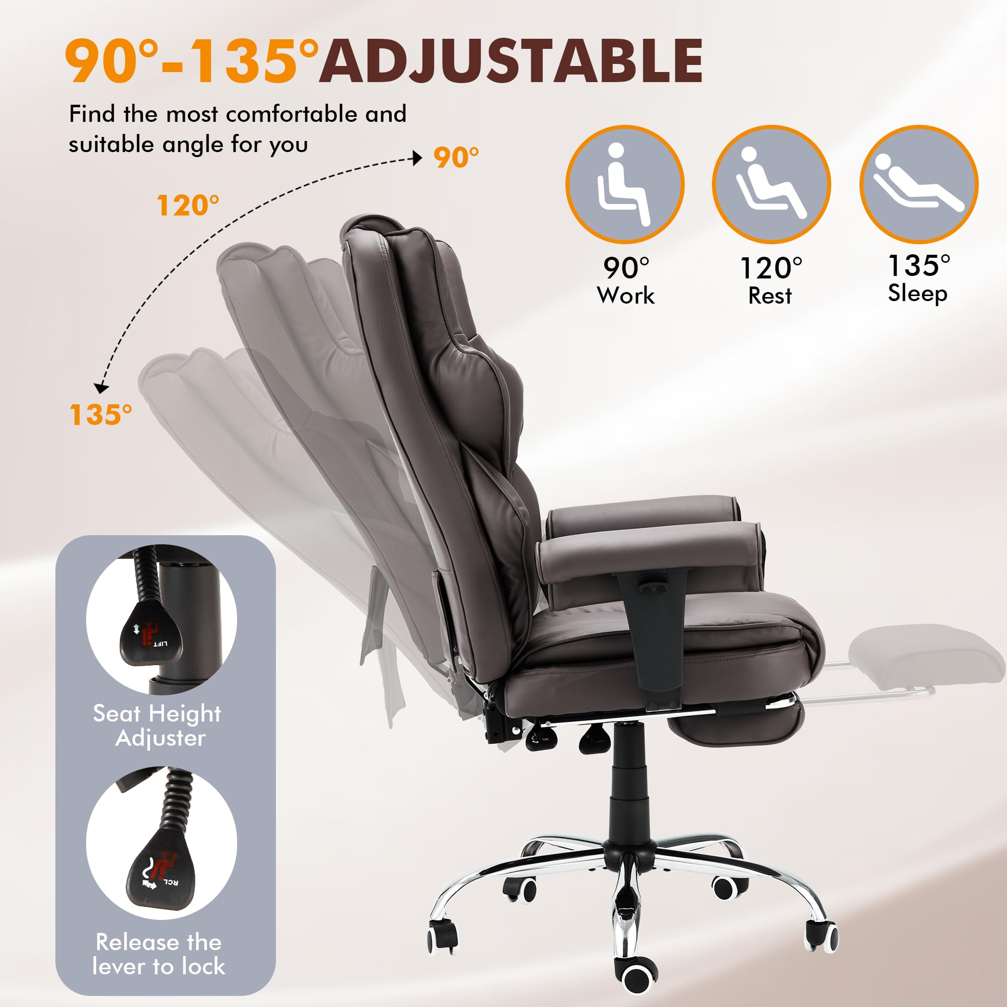HOMREST 6-Point Massage Executive Office Chair with Heating - Ergonomic Leather Computer Desk Chair, Adjustable Armrests, Retractable Footrest & Reclining Function (Chocolate Brown) - Perfect for Home Office, Gaming & Workspace Comfort