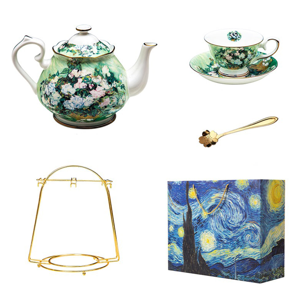 Van Gogh White Rose Bone China Tea Set - Elegant Porcelain Tea Cups & Saucers for Afternoon Tea, Gift, and Home Decor