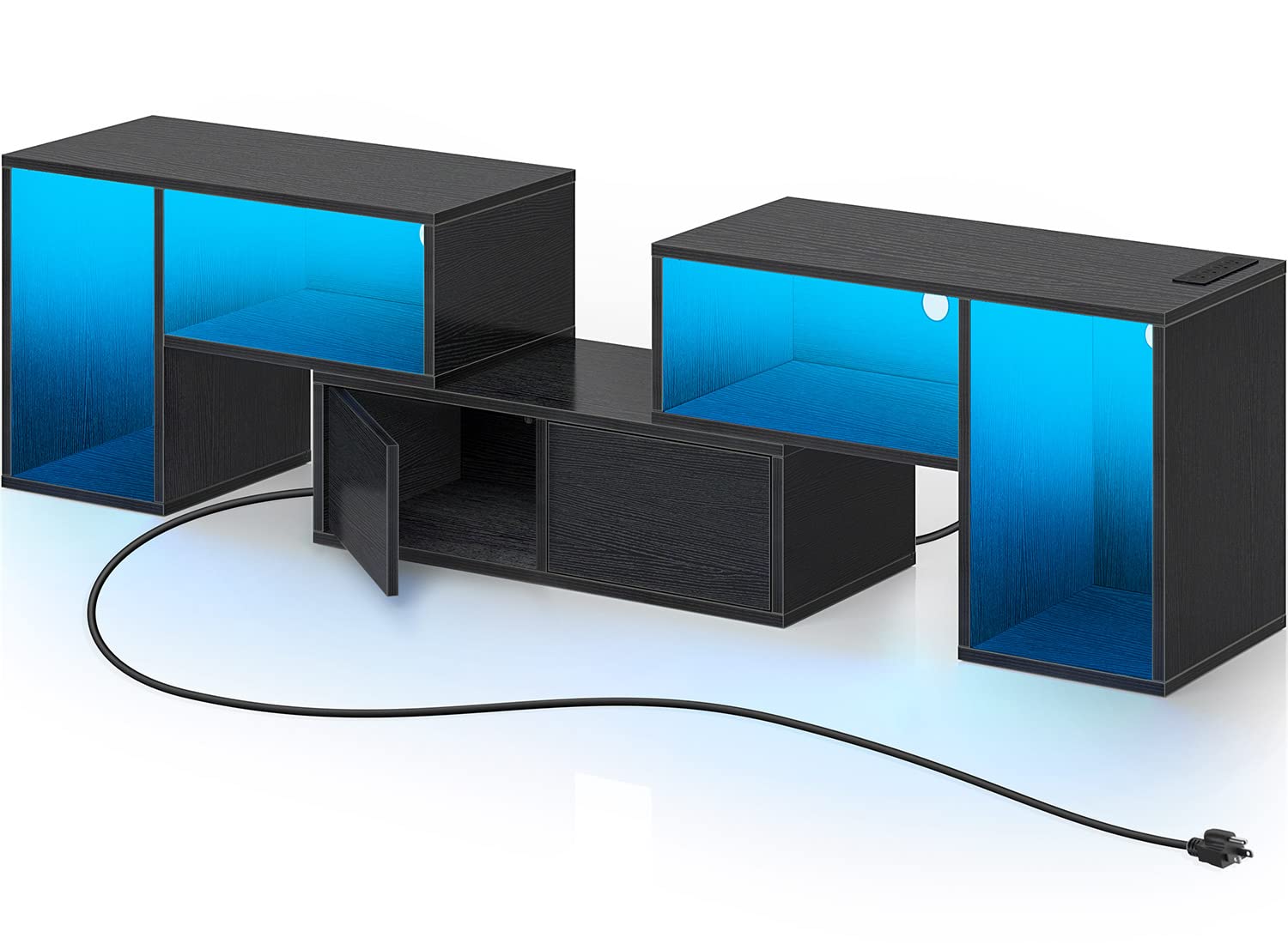 Rolanstar Modern TV Stand with Power Outlets & LED Lights - Adjustable Entertainment Center for 45-70 Inch TVs - 3-Piece Set with 2 Storage Cabinets & Open Shelves (Black) - Perfect for Living Room, Bedroom & Home Theater Setup