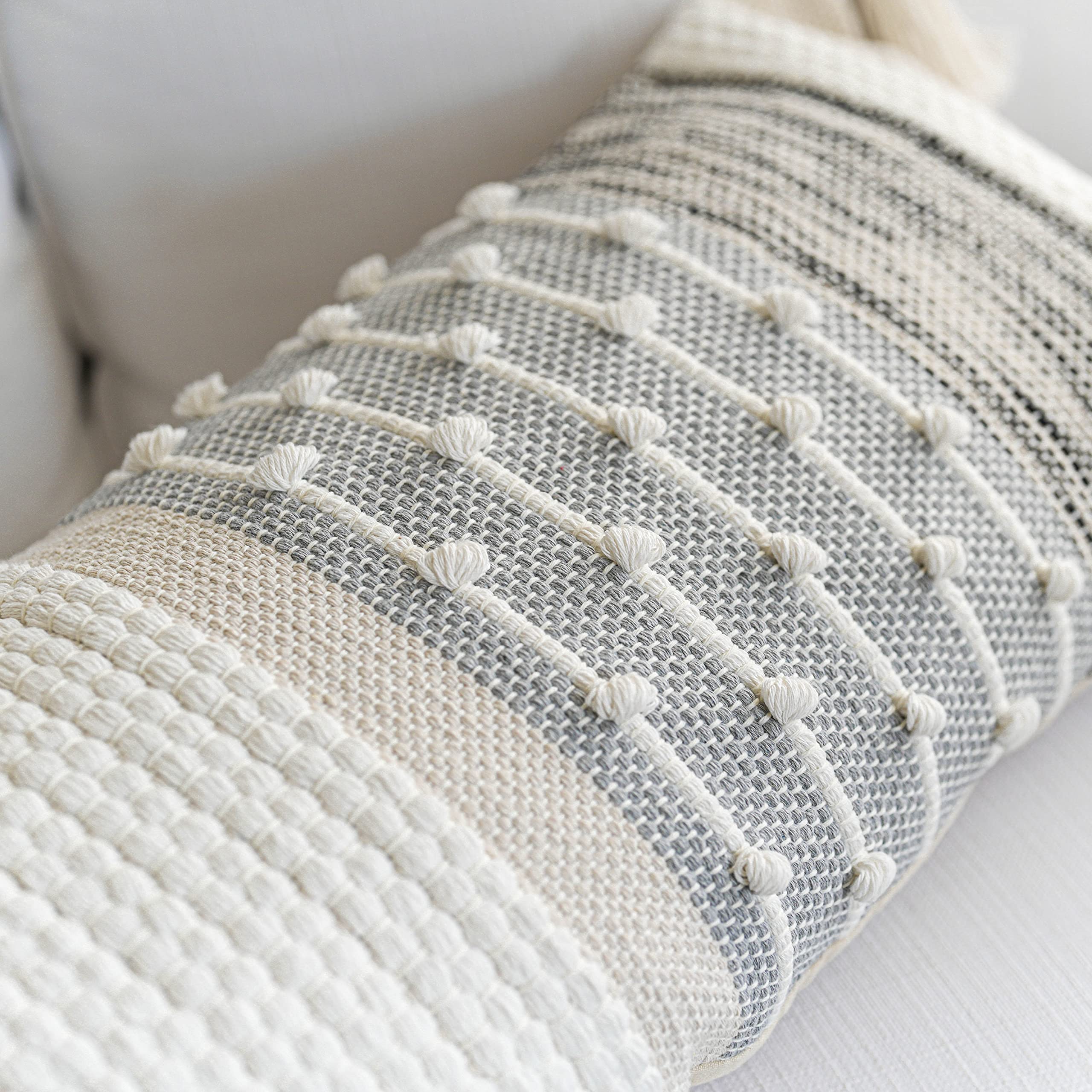 Gray Boho Lumbar Pillow Cover 14x36 - Modern Woven Textured Decorative Throw Pillow Case for Sofa, Bed & Couch - Bohemian Home Decor Accent for Living Room, Bedroom & Nursery