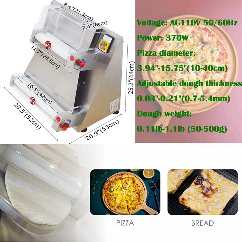 Commercial Electric Pizza Dough Roller Sheeter Machine - 15.7 Inch Stainless Steel Pastry Press with 370W Motor | Perfect for Pizzerias, Bakeries & Home Pizza Making