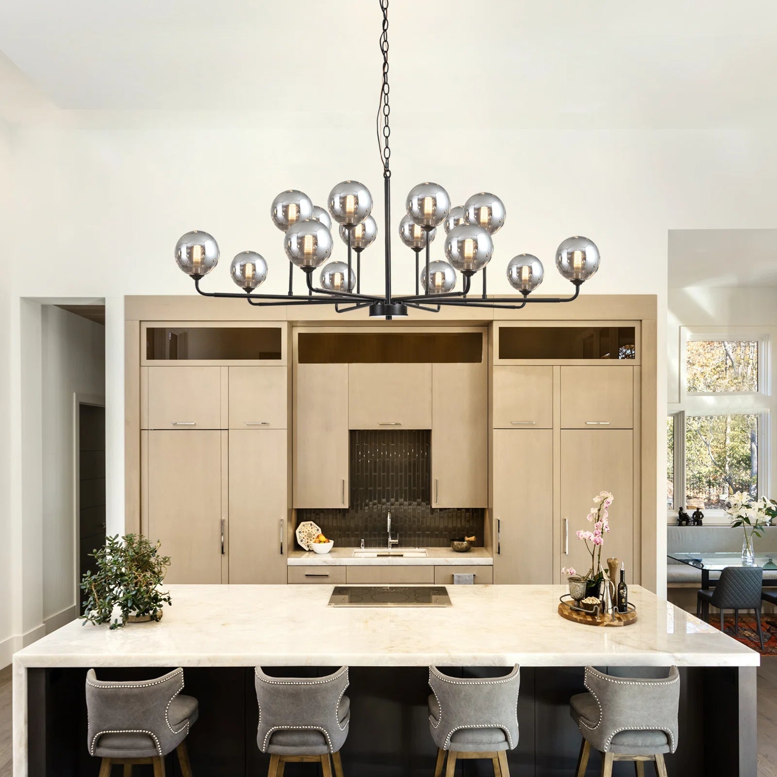 Modern Celta Smoked Glass Sputnik Chandelier - Mid Century Lighting Fixture for Dining Room, Living Room & Bedroom | Elegant Ceiling Light for Home Decor