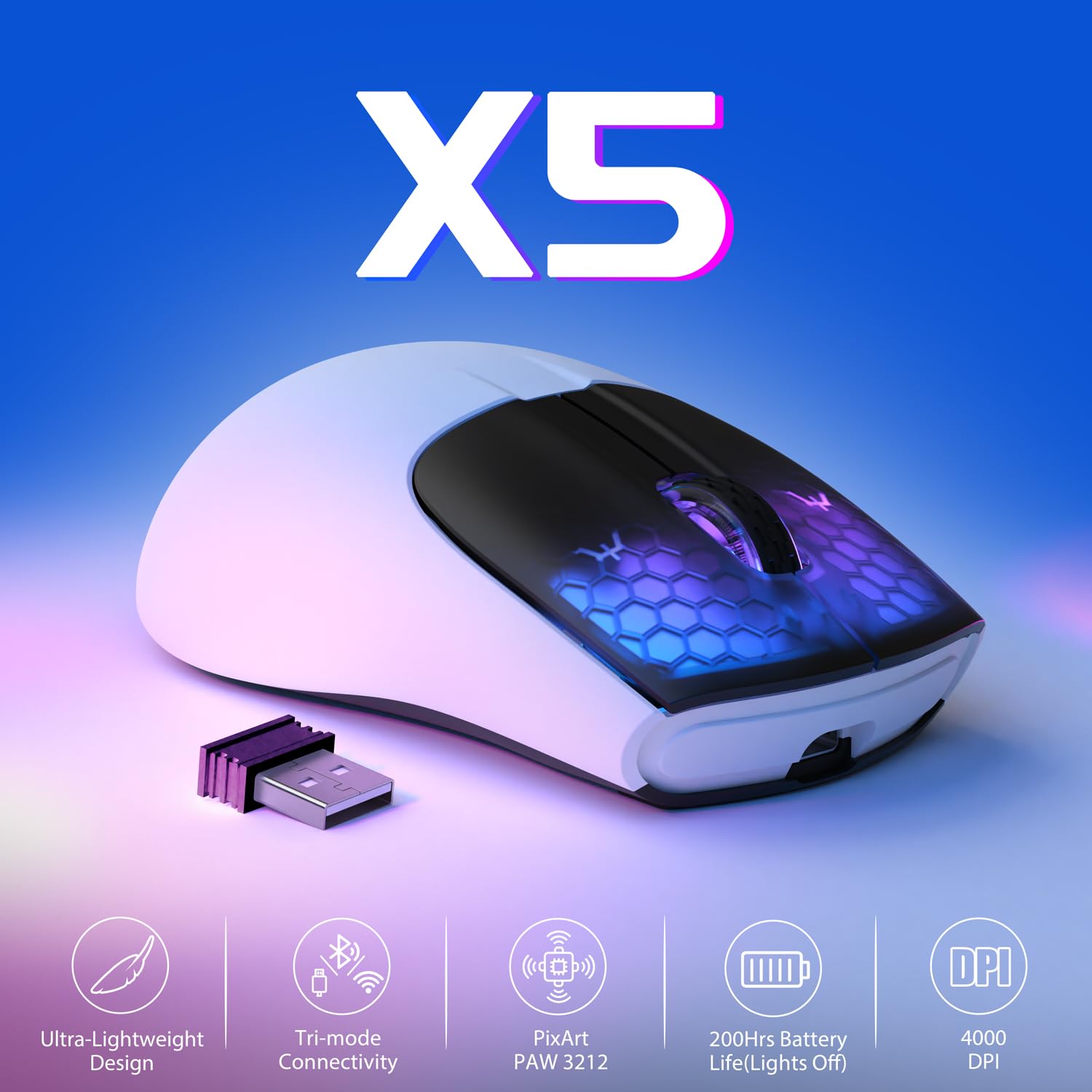 Magic-Refiner X5 Wireless Gaming Mouse - Tri-Mode Bluetooth 5.0/2.4G/USB-C, Ultra-Light 49g RGB Ergonomic Mouse with PixArt Optical Sensor & Adjustable DPI (Black & White) - Perfect for PC Gaming, Office Work & Travel