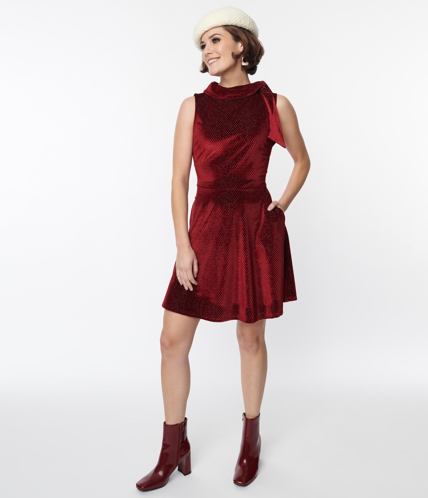 Smak Parlour Ruby Red Mock Neck Fit & Flare Dress - Women's Elegant Party Cocktail Dress for Evening Events, Weddings & Special Occasions