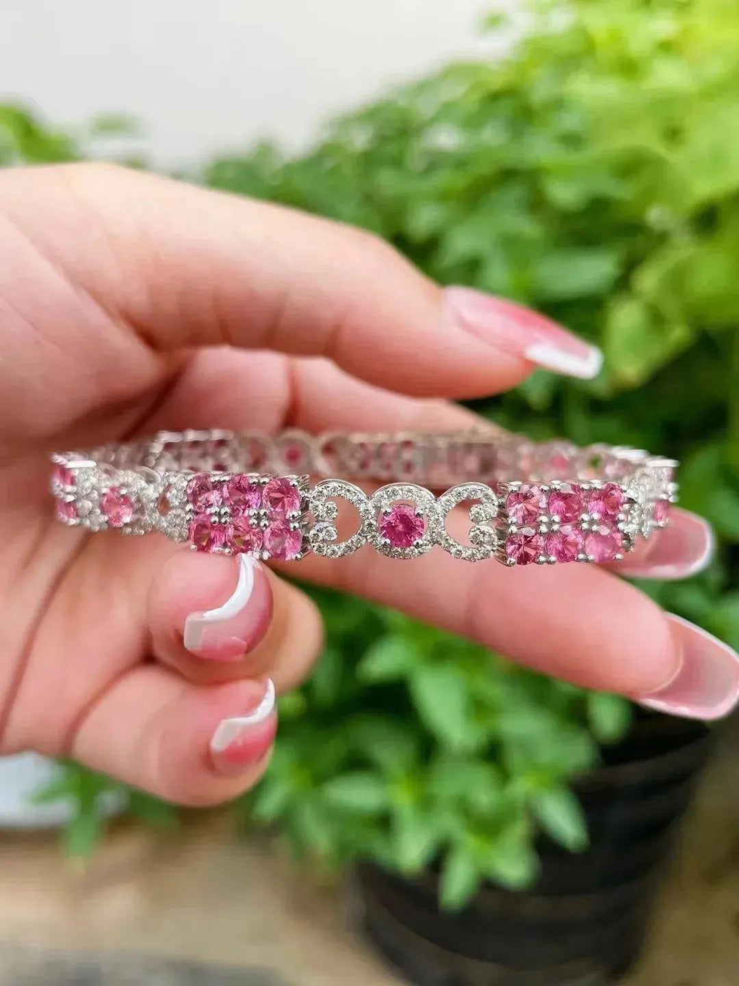 18K White Gold Natural Pink Spinel Bracelet with Diamonds - Classic Luxury Genuine Fine Jewelry for Women | Perfect for Weddings, Parties & Special Occasions | Free Shipping