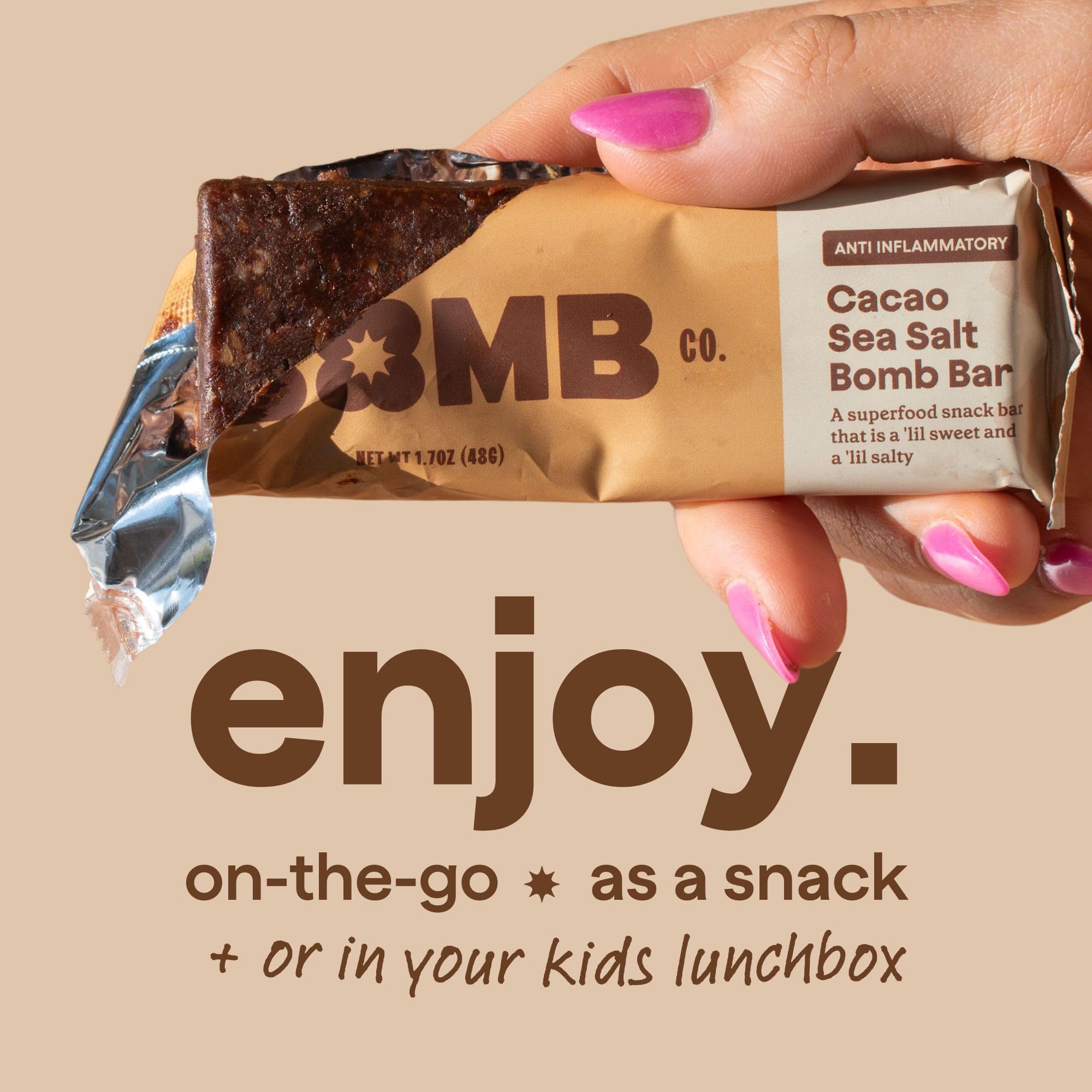 The Bomb Co. Blender Bomb Bar - Cacao Sea Salt Superfood Snack Bar with Almond Butter, Hemp, Chia & Flax Seeds | Vegan Chocolate Chips & Antioxidant-Rich Cacao Powder | Gluten-Free Energy Bars (9 Count) - Perfect for Post-Workout Recovery & Healthy On-the-Go Snacking