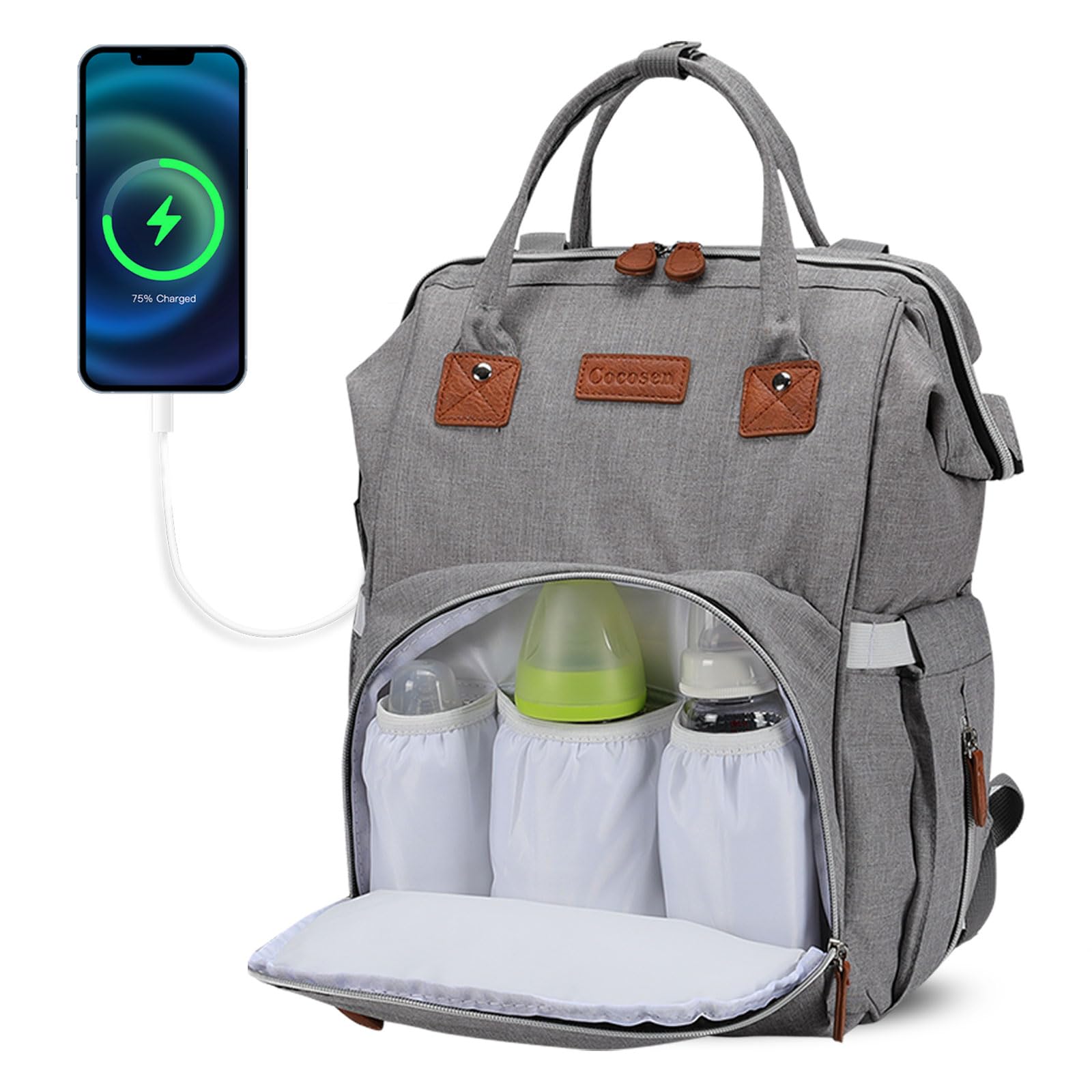 **Cocosen Waterproof Diaper Backpack – Large Multifunctional Baby Travel Bag with Double-Layer Design for Boys & Girls (Gray) – Perfect for Daycare, Travel & On-the-Go Parents**