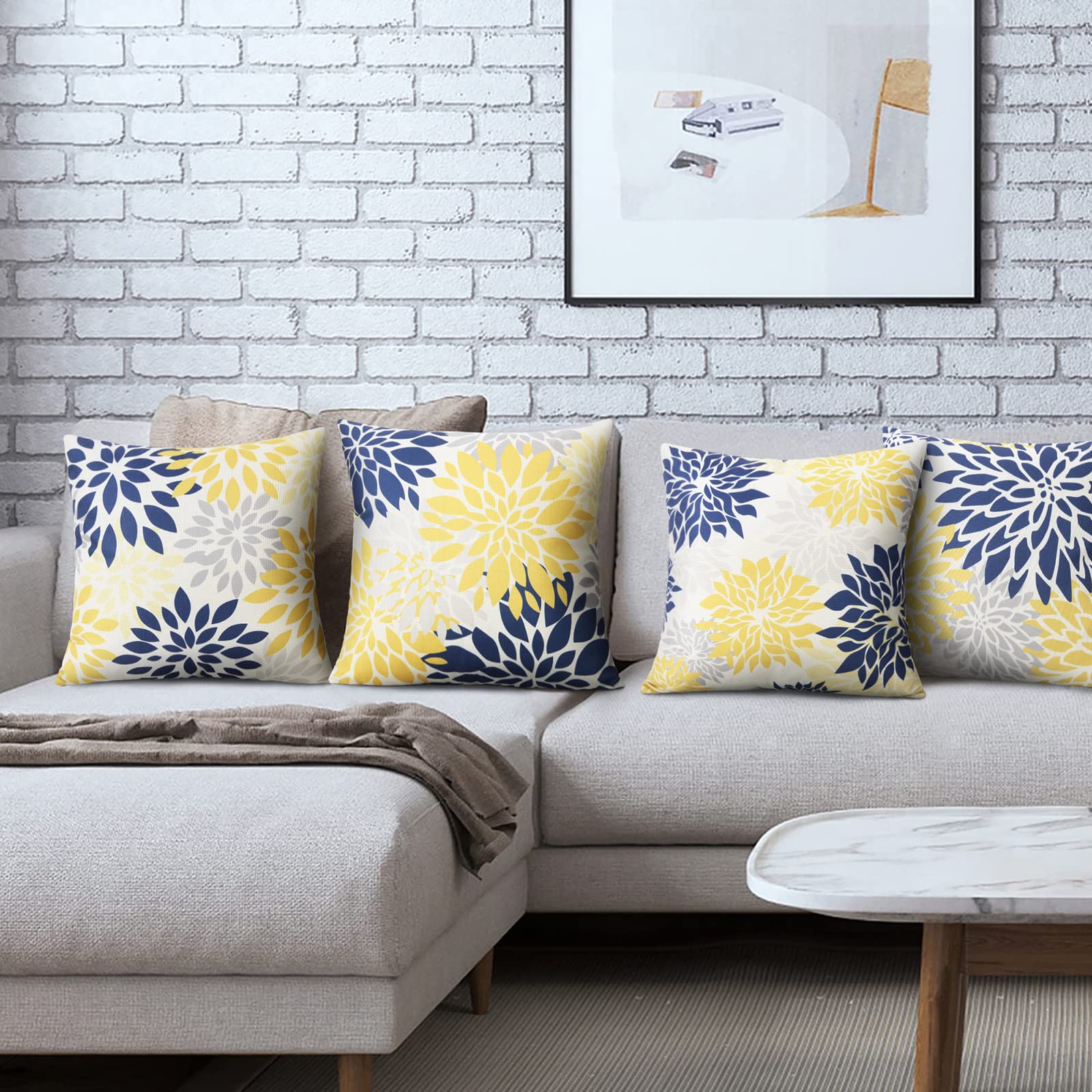 Pyonic Decorative Throw Pillow Covers 18x18 Inch - Yellow Modern Linen Flower Cushion Covers for Sofa, Bed, Car & Bedroom - Set of 4 Home Decor Accent Pillows - Perfect for Living Room, Nursery, Patio & Outdoor Spaces