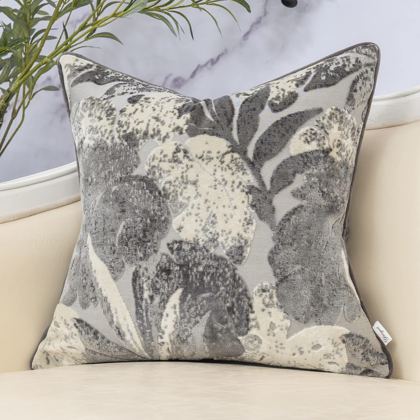 Yangest Grey Leaf Square Pillow Cover - 20x20 Inch Cut Velvet Cushion Cover for Sofa, Living Room & Bedroom | Luxury Modern Home Decor for Cozy Comfort