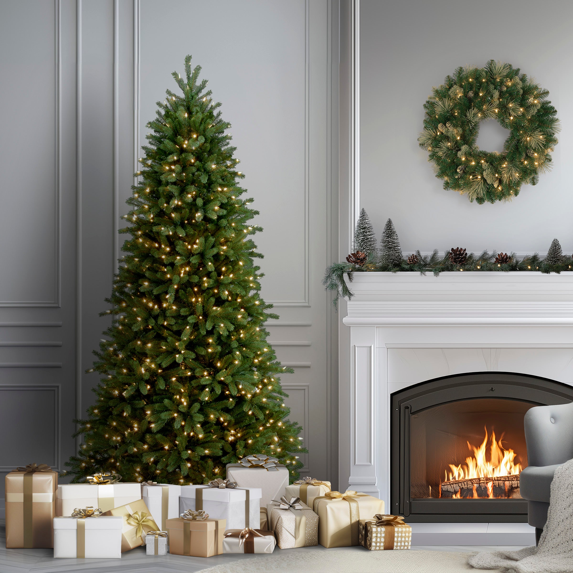 6.5 ft Pre-Lit Slim Artificial Christmas Tree - Jersey Fraser Fir with Clear LED Lights for Home, Office, and Holiday Decor