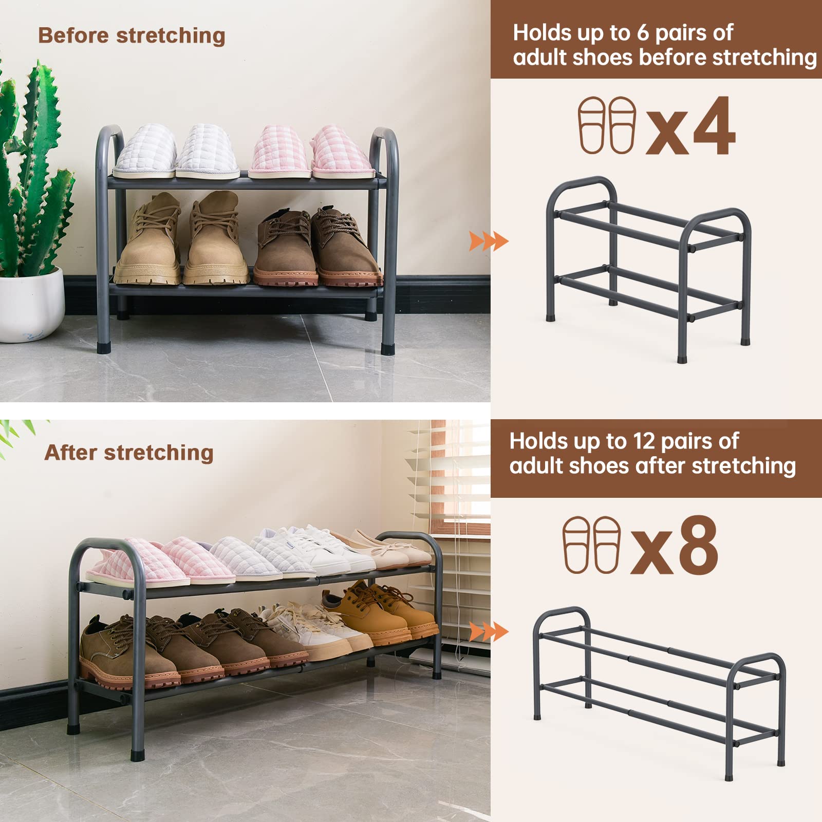 2-Tier Expandable Shoe Rack - Adjustable Heavy Duty Metal Shoe Shelf Organizer for Entryway, Closet & Doorway Storage (Gray) - Perfect for Small Spaces & Apartment Living