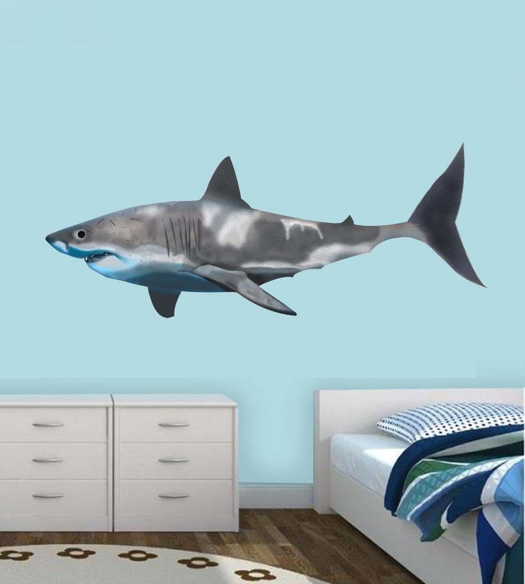VWAQ Realistic Great White Shark Wall Decal - Peel & Stick Removable Vinyl Sticker (13