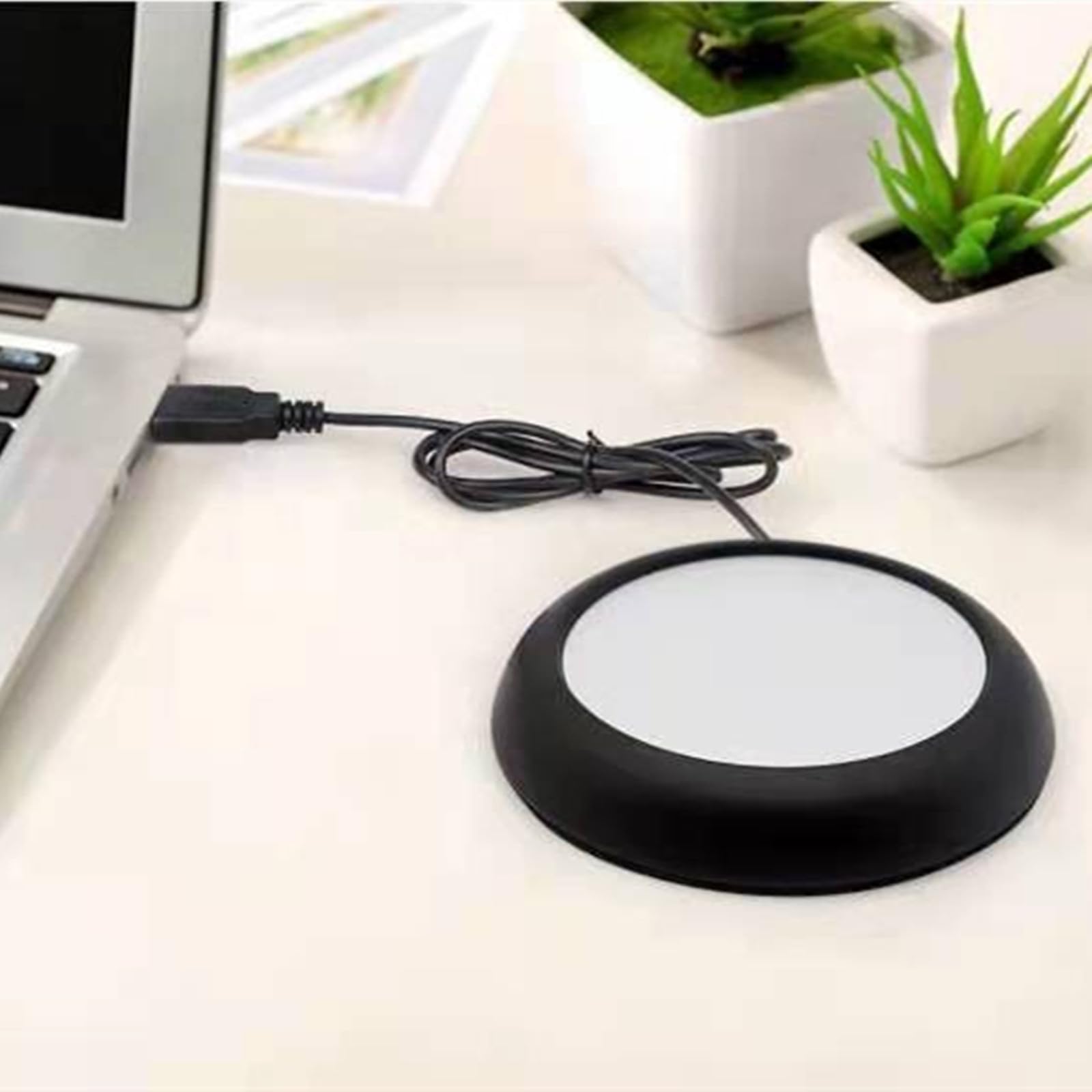 USB Electric Coffee Mug Warmer - Portable Tea & Milk Cup Heater Pad with Wooden/Metal Base | Perfect for Office, Home & Travel | Fast Heating Plate for Desks, Nightstands & Cars (Black)