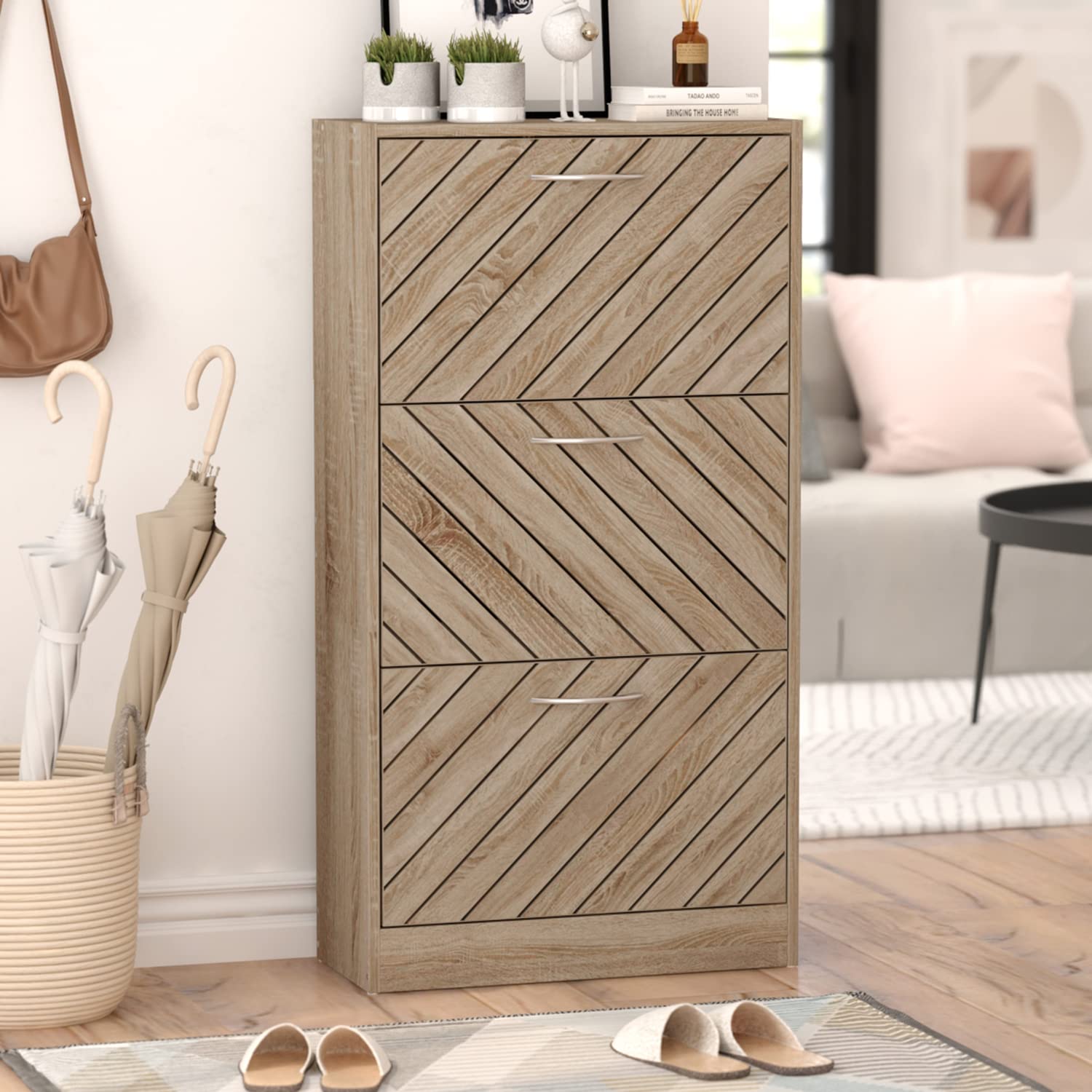 Homsee Modern 3-Tier Shoe Storage Cabinet with Flip Drawers & Twill Louver Doors - Wooden Shoe Rack Organizer for Entryway, Hallway, Bedroom - Space Saving Furniture for Small Apartments (22.4”L x 9.4”W x 42.3”H, Brown) - Perfect for Organizing Shoes, Boots & Accessories in Compact Spaces