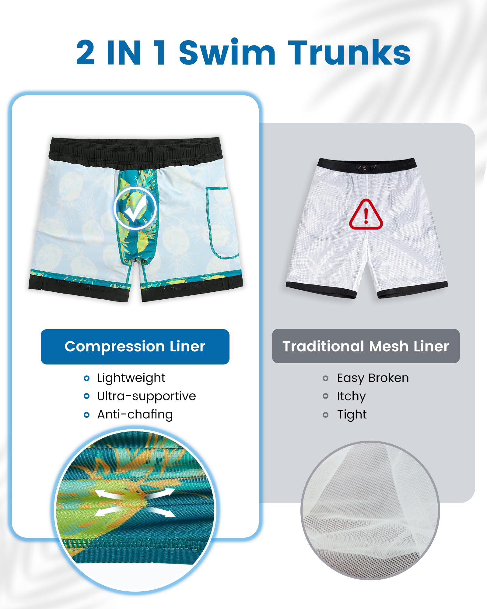 Maamgic Men's Swim Trunks with Compression Liner - 5 Inch Inseam Quick Dry Board Shorts, Zipper Pockets for Swimming, Beach & Water Sports