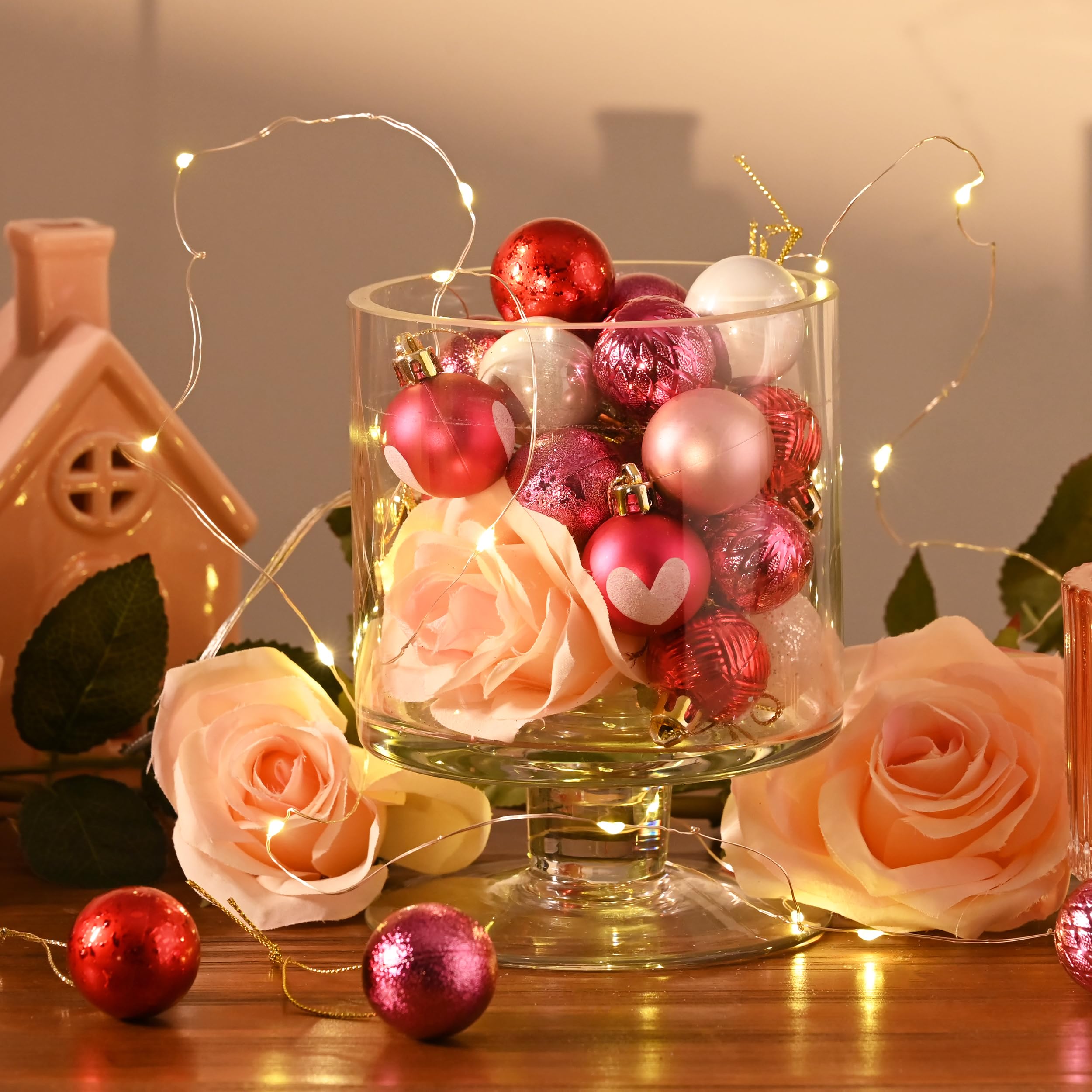 Valentine's Day Pink Christmas Tree Ornaments - 49ct 1.18 Inch Mini Shatterproof Ball Decorations for Small Trees, Anniversaries & Weddings | Perfect for Home, Party & Holiday Decorations
