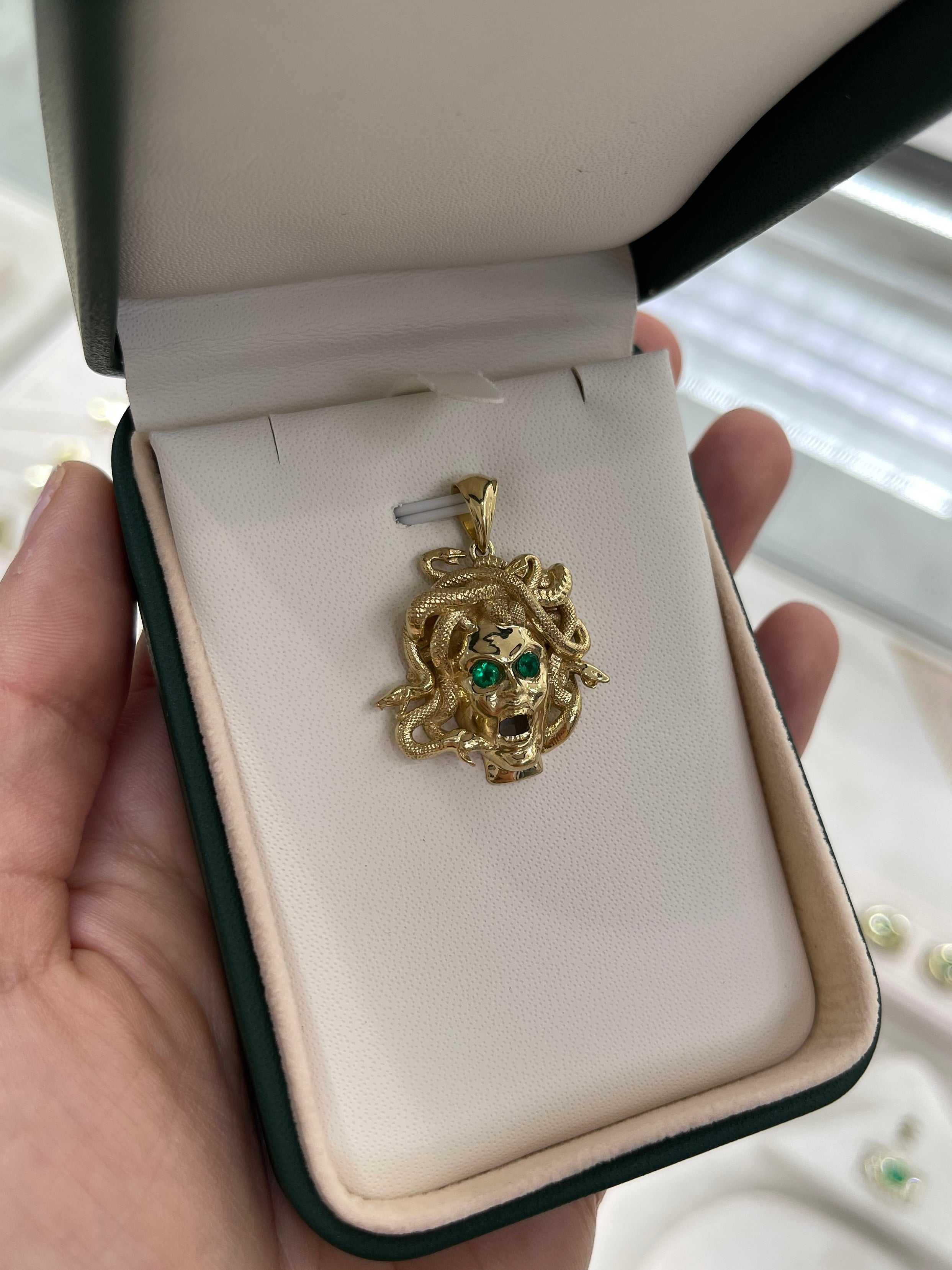 14K Solid Gold Emerald Medusa Head Pendant Necklace for Women - Elegant Greek Mythology Jewelry Gift for Birthday, Anniversary & Special Occasions
