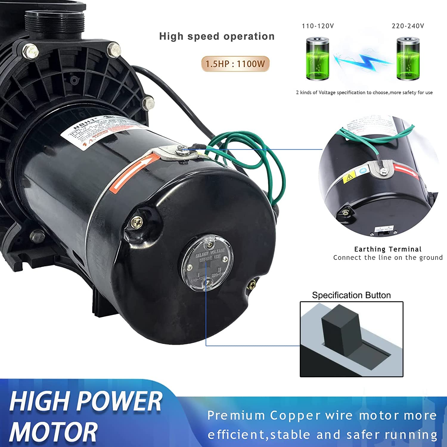 1.5 HP Inground/Above Ground Swimming Pool Pump - 110V/220V Dual Voltage, Self-Priming with Strainer Basket & Drain Plug - 1100W 60Hz Quiet Operation - Perfect for Backyard Pools, Spas & Water Features