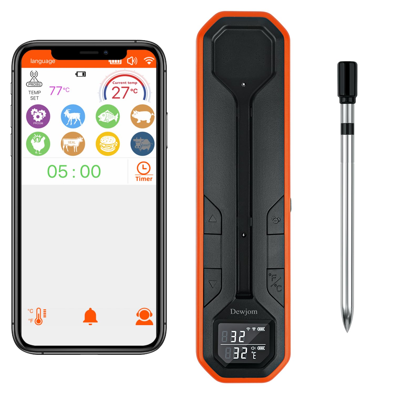 Wireless Meat Thermometer with 500Ft Range - Digital Cooking Thermometer for BBQ, Grill & Oven - Bluetooth Smart Food Thermometer with iOS/Android App - Perfect for Smoking, Roasting & Outdoor Cooking