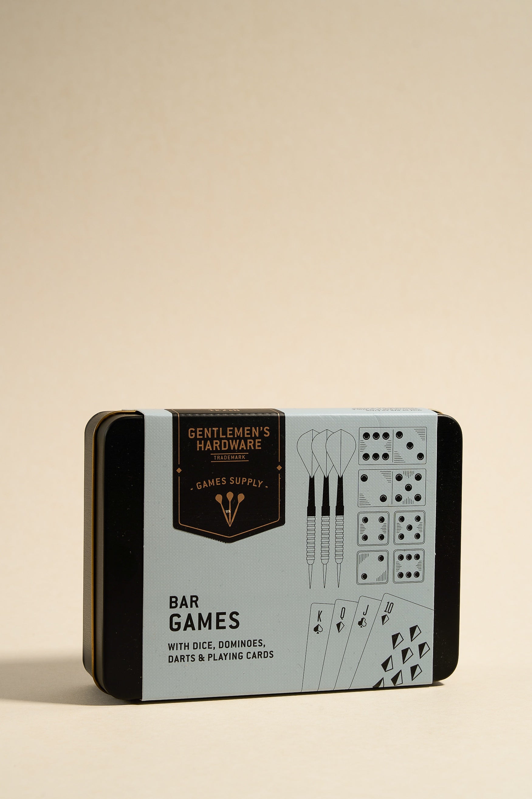 Premium Bar Games Set - 6 Dice, 28 Dominoes, 6 Darts & Playing Cards in Metal Tin - Perfect for Parties, Pubs & Game Nights