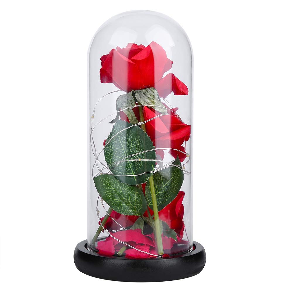 Ymiko Rose LED Light - Red Silk Rose with Petals in Glass Dome on Wood Base, Warm White Light for Home Decor, Perfect Gift for Mother's Day, Valentine's Day, Anniversary & Romantic Dates - Ideal for Bedroom, Living Room & Wedding Centerpieces