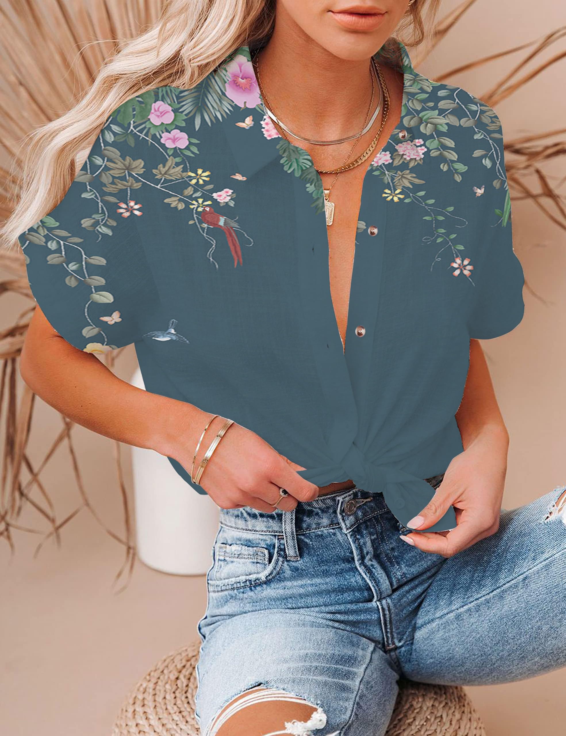 Women's Floral Print V-Neck Short Sleeve T-Shirt - Summer Blouse for Casual & Dressy Occasions - Perfect for Beach Outings, Date Nights & Office Wear