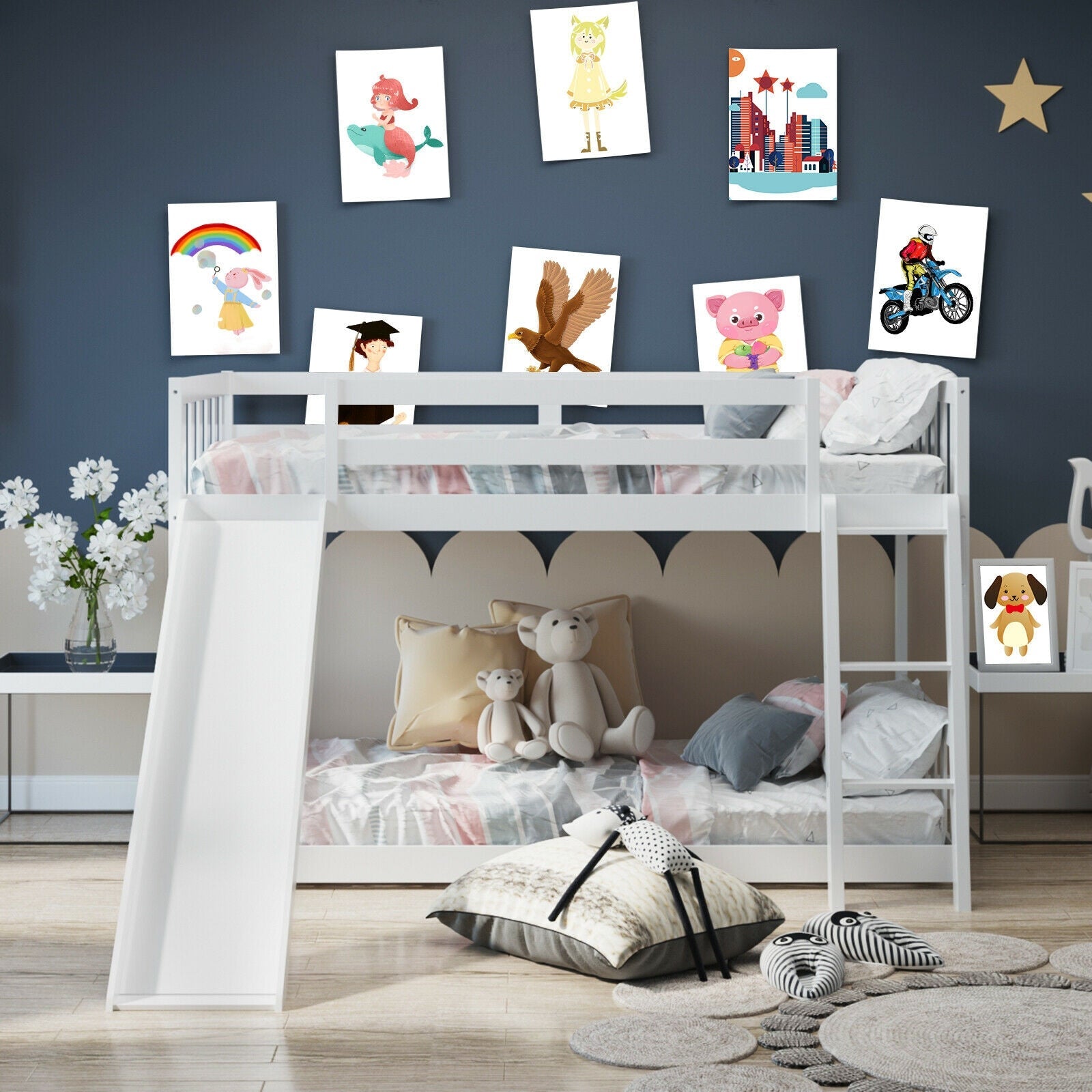 Twin Over Twin Bunk Bed with Slide and Ladder - Solid Wood Low Loft Bed for Kids - White - Perfect for Small Bedrooms and Kids' Sleepovers