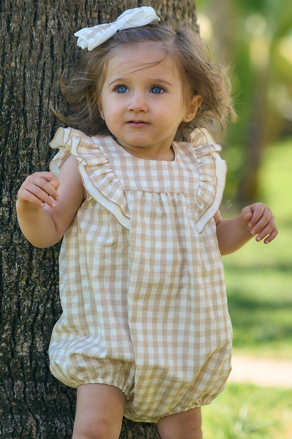 Odette Beige Gingham Romper - Women's Summer Jumpsuit with Short Sleeves & Pockets | Perfect for Beach Vacations, Picnics & Casual Outings