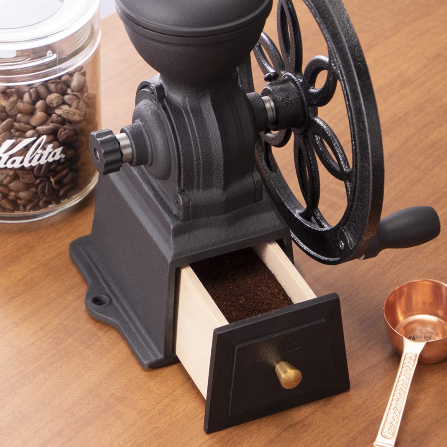 Premium Kalita Cast Iron Manual Coffee Grinder - Adjustable Diamond Mill for Espresso, French Press & Pour Over - Antique Black Coffee Grinder with Lid for Home, Cafe & Coffee Shop Use