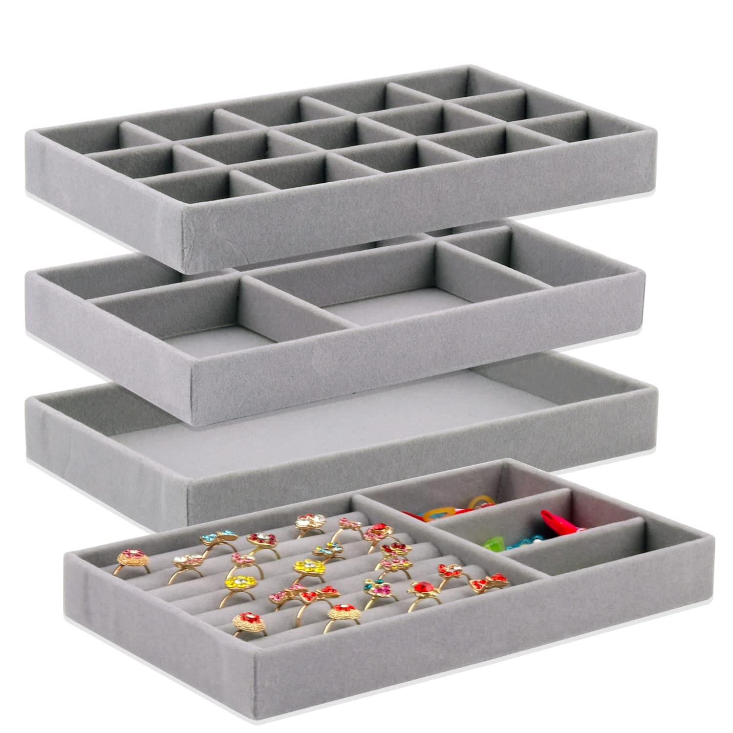 Velvet Jewelry Organizer Trays - 4 Pack Stackable Drawer Storage for Earrings, Necklaces, Bracelets & Rings | Perfect for Bedroom, Bathroom & Travel Accessory Organization