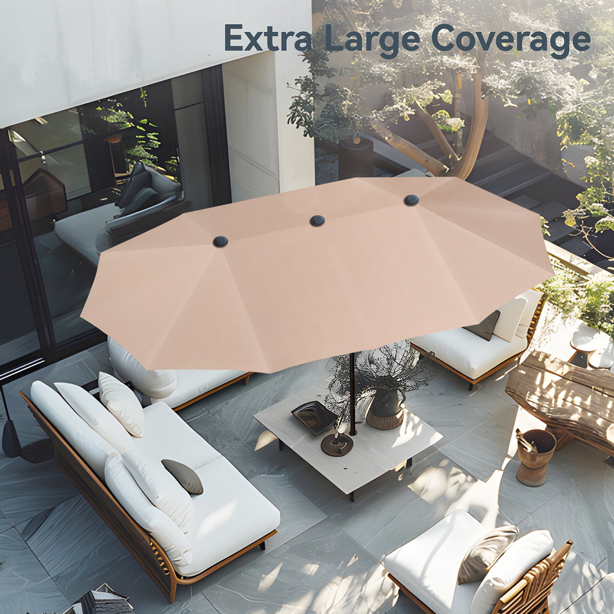 PHI VILLA 8-Piece 13ft Patio Umbrella Dining Set with Textilene Swivel Chairs & Wood-Like Table - Outdoor Furniture for Backyard, Garden, Poolside & Restaurant Use