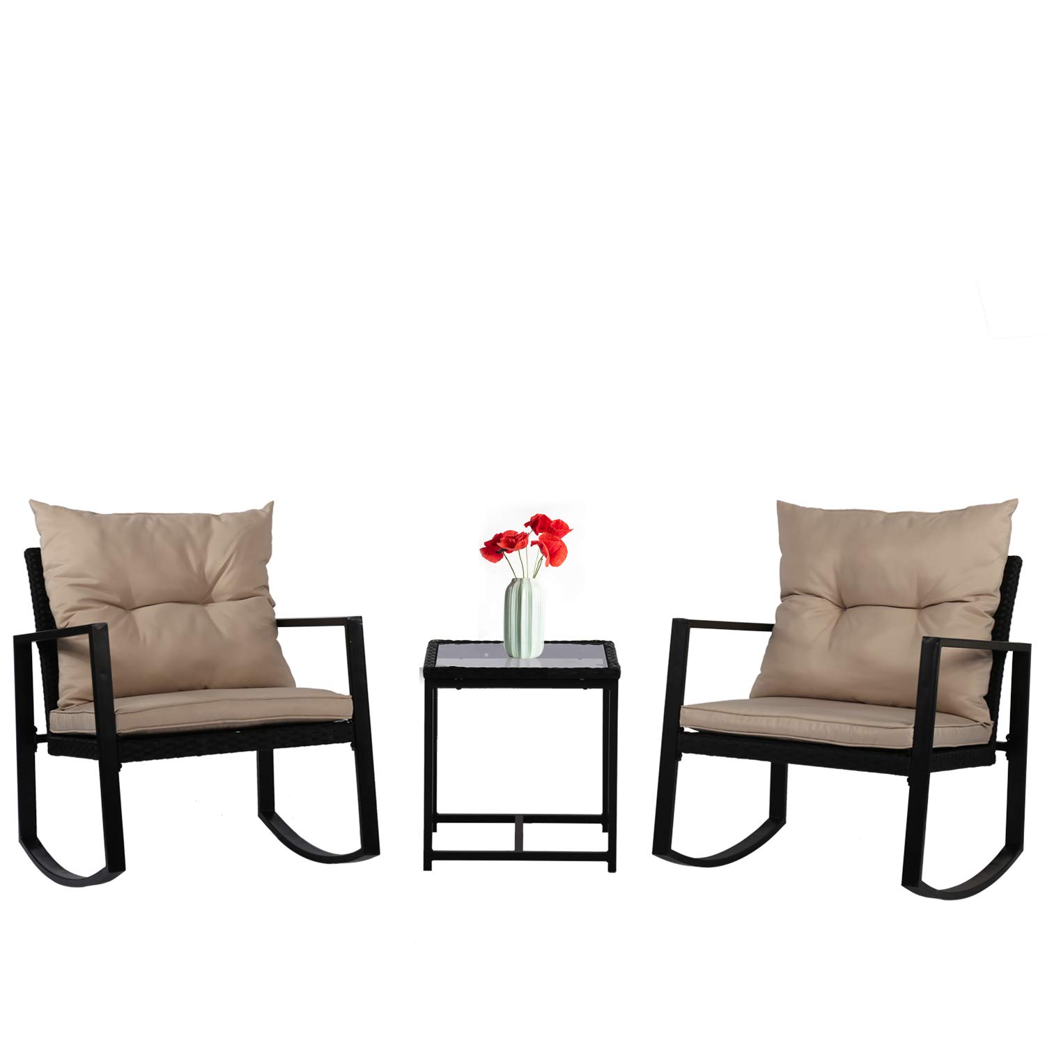 Outdoor Rattan Wicker Bistro Table Set with Rocking Chairs & Coffee Table - Patio Garden Conversation Furniture for Porch, Lawn, Balcony & Backyard (Black) | Perfect for Relaxing, Entertaining & Outdoor Dining