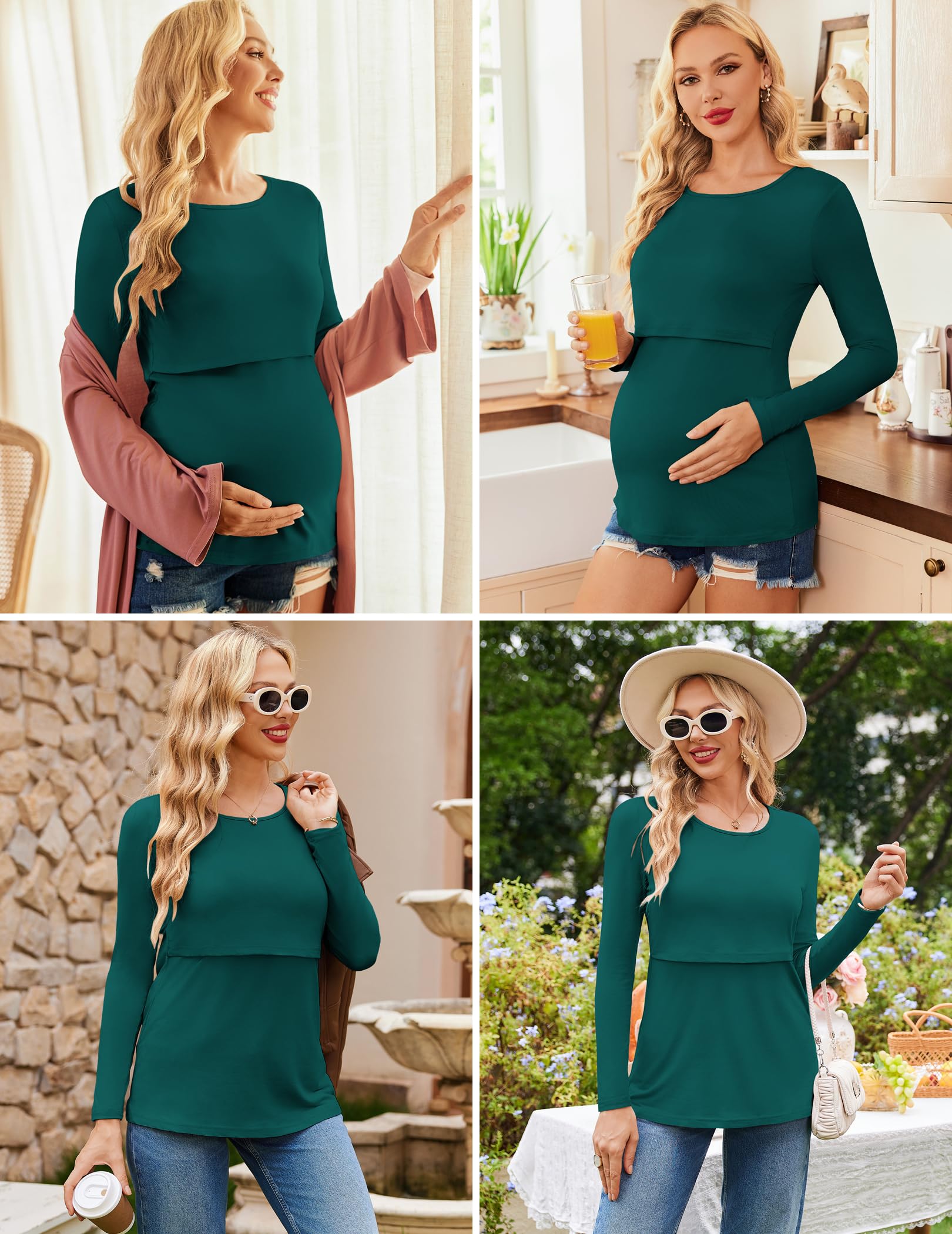 Ekouaer 3 Pack Women's Nursing Shirts - Long Sleeve Maternity Tops with Double Layer for Breastfeeding, Round Neck Pregnancy Blouse for Comfortable Nursing at Home or Outdoors
