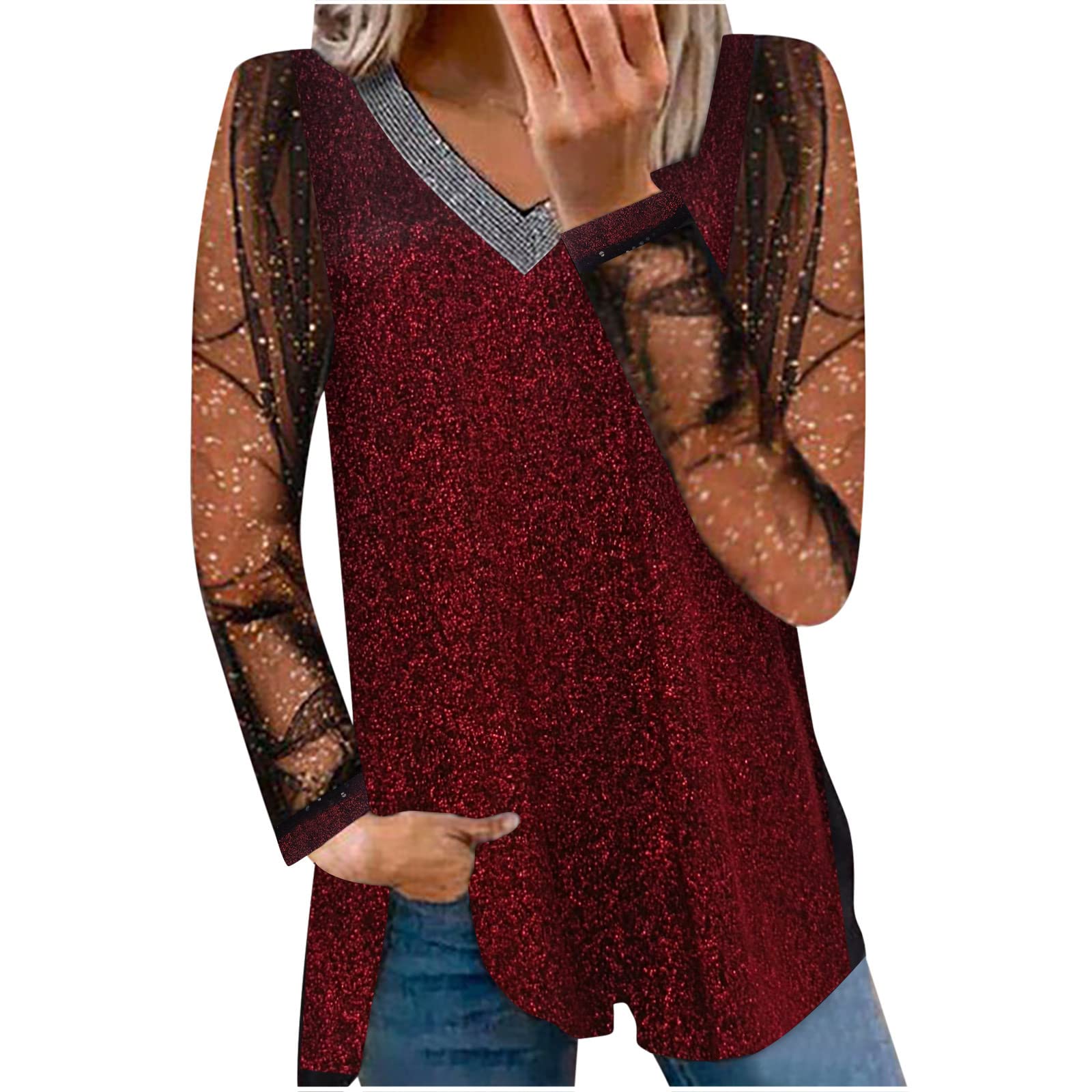 Sequin Tops for Women - Mesh Sleeve Sexy V Neck Blouse, Lightweight Loose Pullover Shirt for Party, Club, Date Night & Casual Wear
