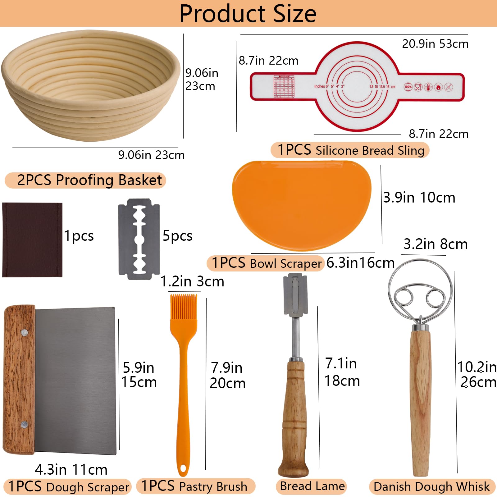 16PCS Bread Proofing Basket Kit - 9 Inch Round Sourdough Banneton Set with Dough Whisk, Linen Liner, Scraper & Bread Lame | Professional Sourdough Baking Supplies for Artisan Bread Making | Perfect for Home Bakers & Commercial Bakeries