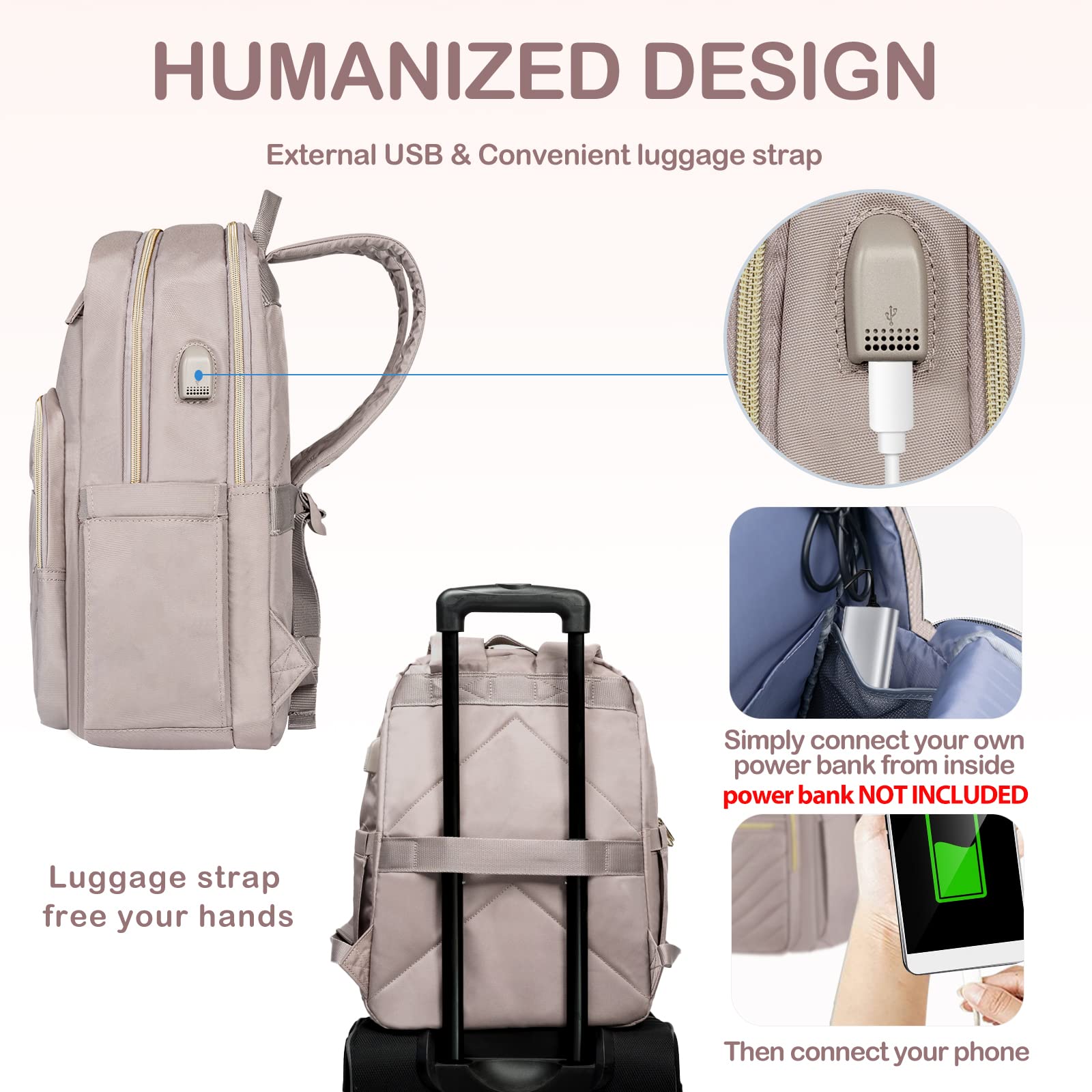 VANKEAN 15.6 Inch Laptop Backpack for Women - USB Charging Port, Waterproof Travel Bag, Stylish Work Backpack for College & Business (Light Dusty Pink) - Perfect for Commuting, Office Work & School Use