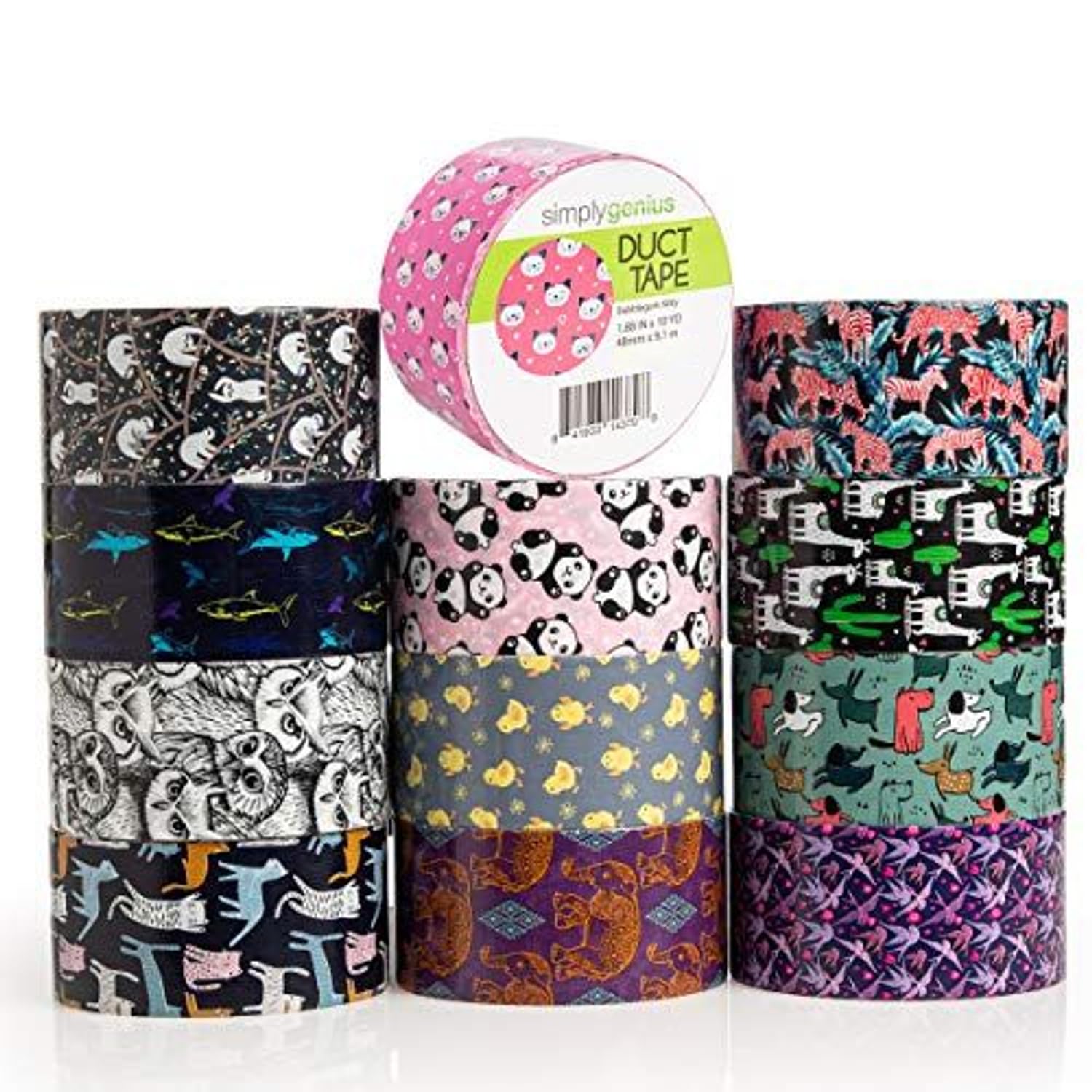Simply Genius 12-Pack Patterned Duct Tape Variety Set - 10 Yards Each, 120 Yards Total - Animal Prints & Colors for DIY Crafts, School Projects, Home Decor & Gift Wrapping (Kids & Adults)