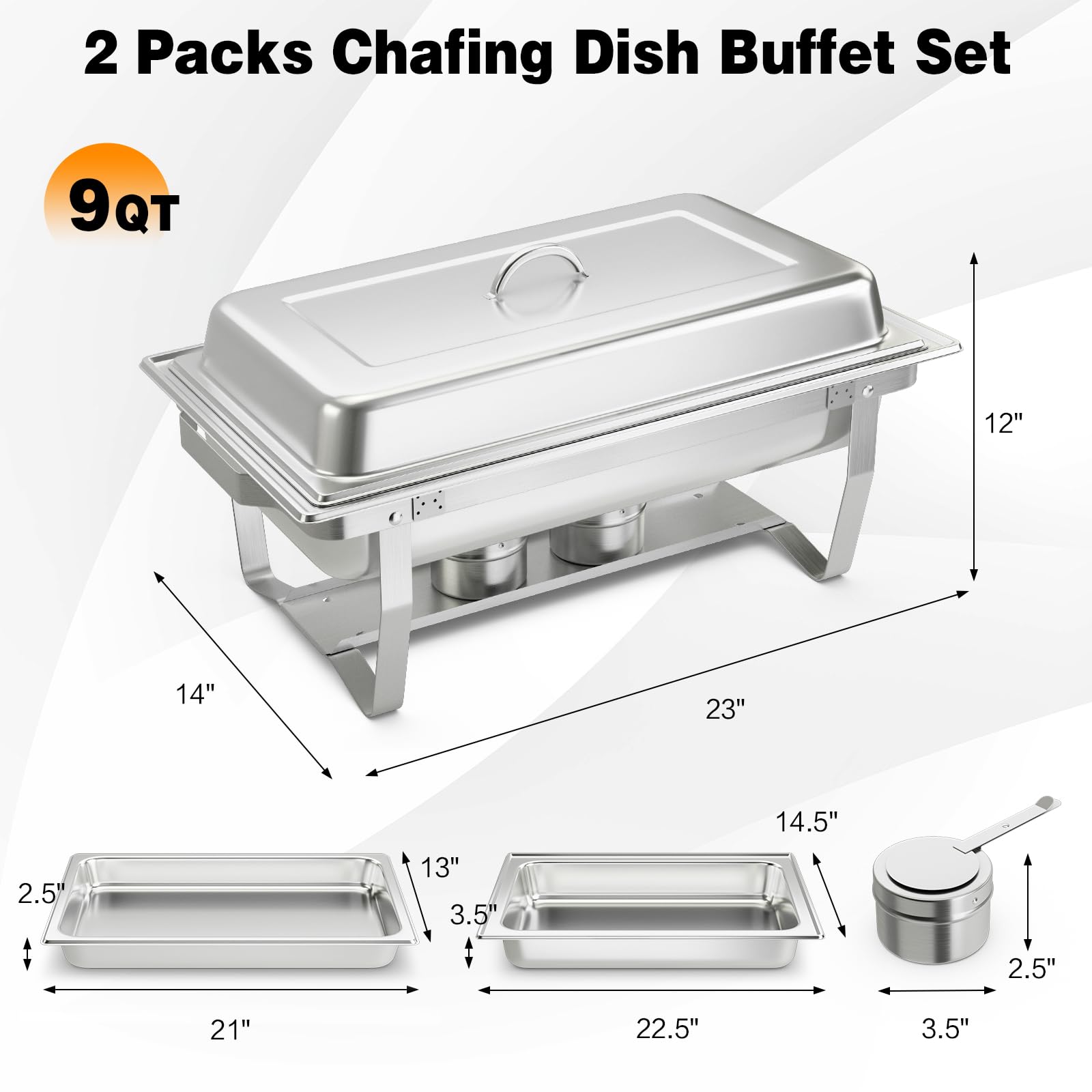 Giantex 2-Pack 9 Qt Stainless Steel Chafing Dishes for Buffet – Full Size Food Pan, Water Pan, Fuel Holders, Removable Lid & Foldable Frame Stand – Professional Warming Trays for Catering, Parties, Weddings & Events