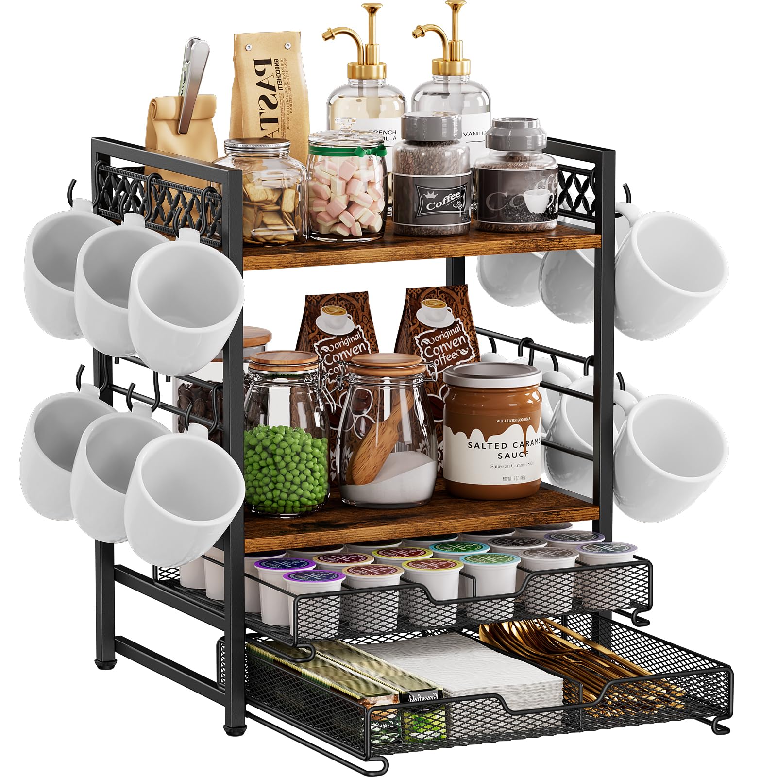4-Tier Coffee Bar Organizer with 12 Hooks & 30 K-Cup Pod Drawer - Multifunctional Kitchen Countertop Shelf for Mugs, Accessories | Perfect for Home, Office & Coffee Station Organization