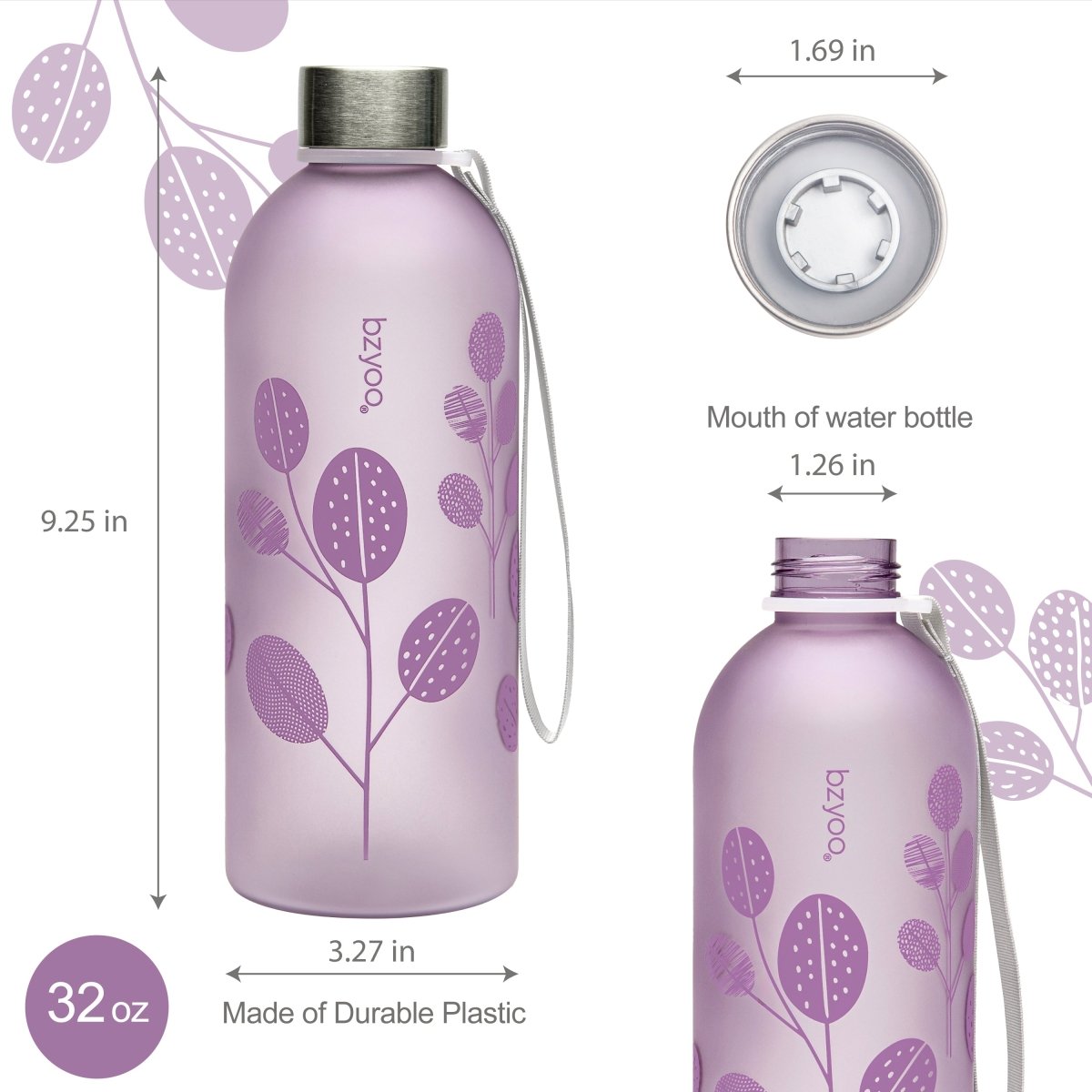32oz Time Marker Tritan Water Bottle with Carrying Strap - Leaf Purple | BPA-Free Leakproof Water Bottle for Gym, Hiking & Outdoor Activities
