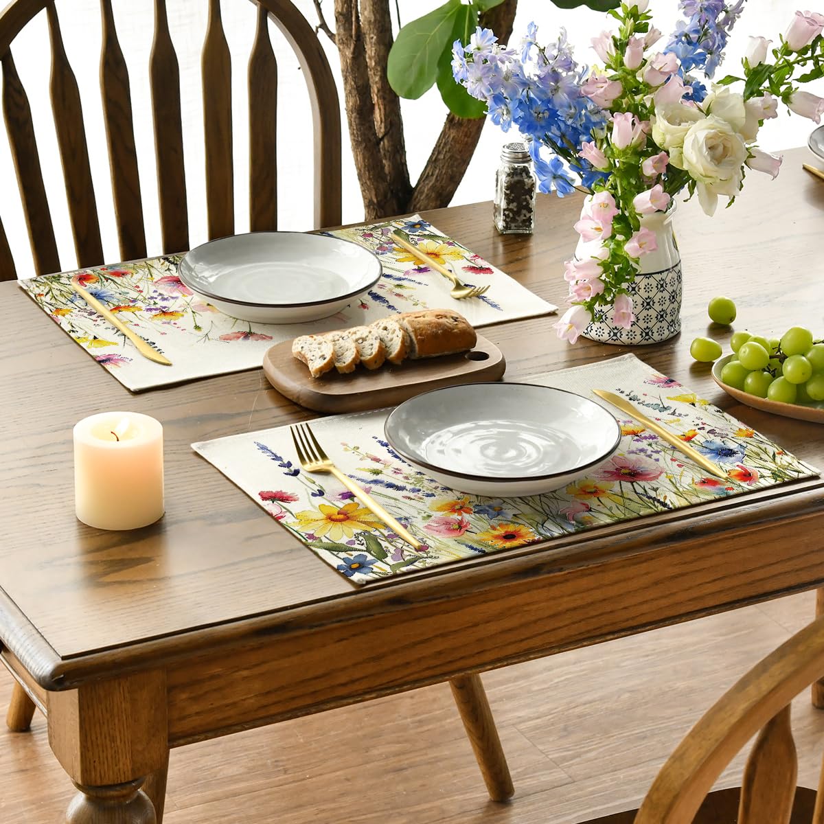 Artoid Mode Daisy Lavender Floral Leaves Spring Placemats Set of 4 - 12x18 Inch Seasonal Table Mats for Kitchen, Dining & Party Decor | Perfect for Easter, Mother's Day & Spring Home Decor