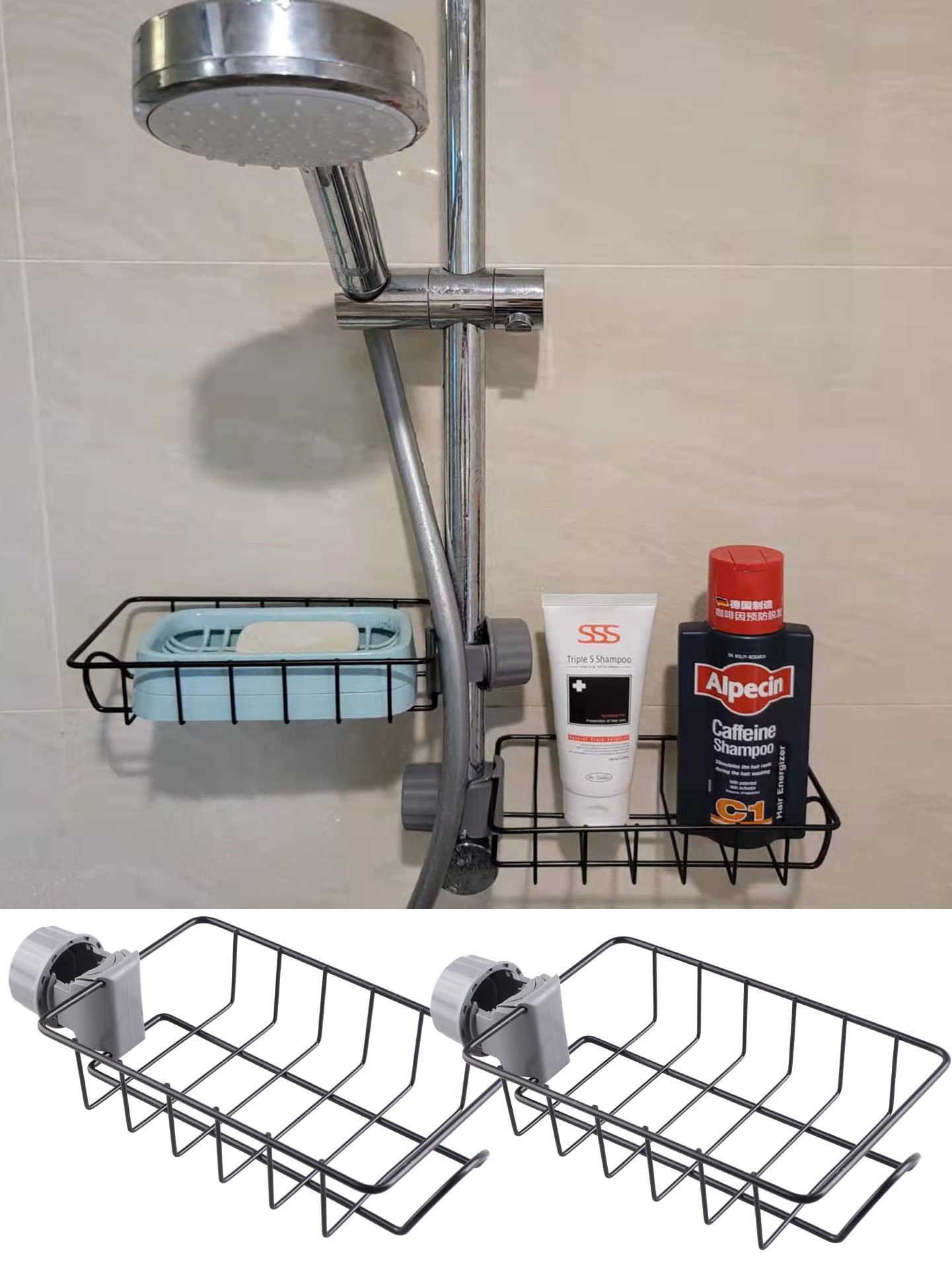 Stainless Steel Kitchen Sink Faucet Rack - 2 Pack Black Sink Caddy Organizer with Sponge Holder, Shower Shelf for Bathroom Storage - Perfect for Kitchen & Bathroom Organization