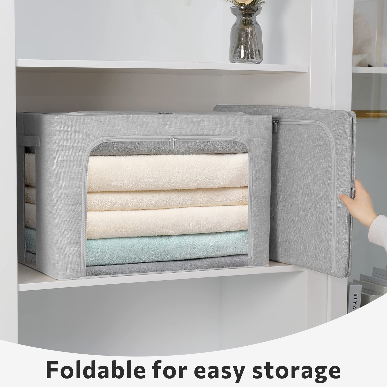 2 Pack Stackable Metal Frame Clothes Storage Bins - Large Capacity Foldable Linen Fabric Organizer Box with Carrying Handles & Clear Window (Light Gray, 19.7x15.7x12.6 Inch) - Perfect for Closet, Bedroom, Nursery & Office Organization