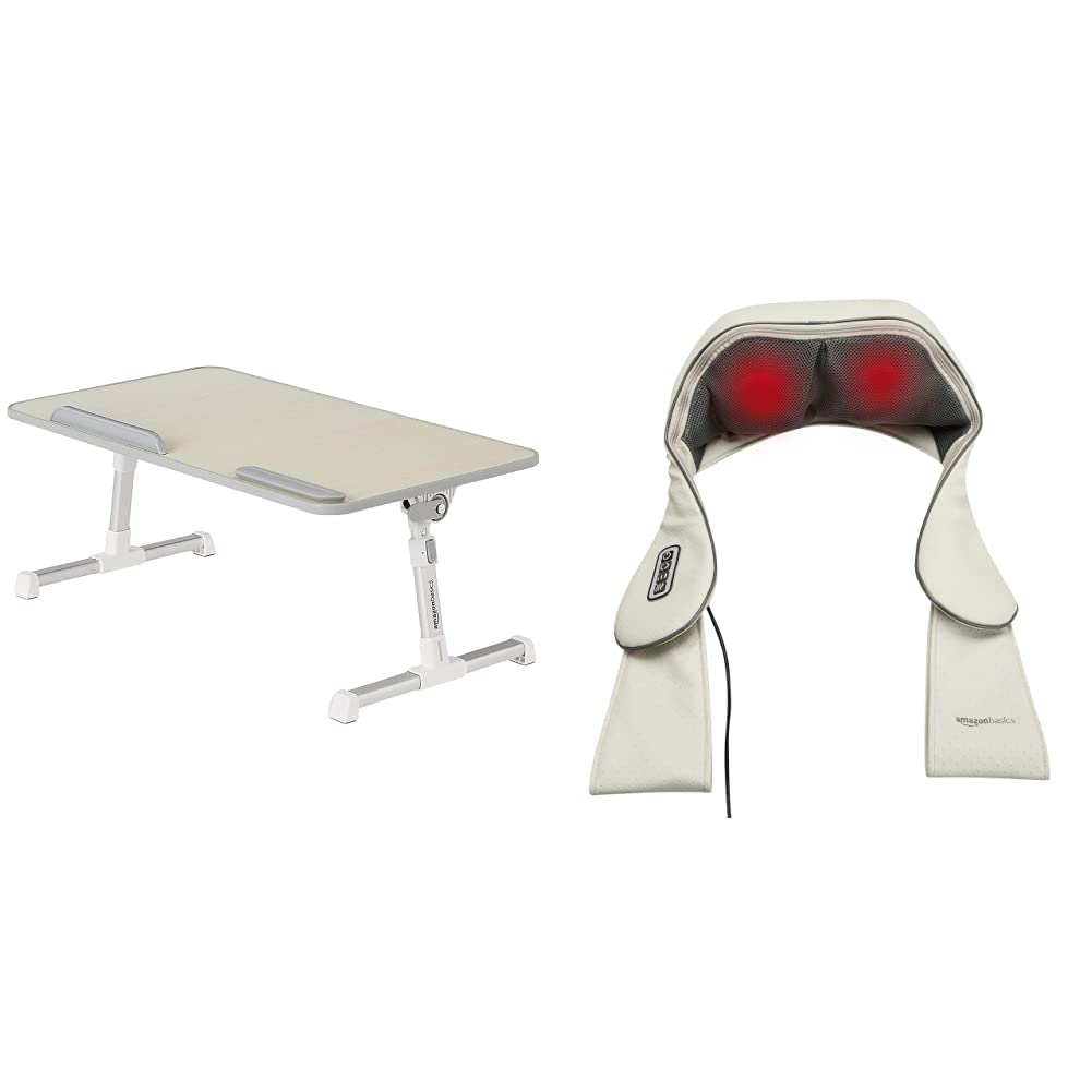 Amazon Basics Adjustable Laptop Tray Table - Portable Lap Desk for 17-Inch Laptops, Beige | Perfect for Bed, Couch, or Office Use with Ergonomic Design | Includes Large Shiatsu Massager with Infrared Heat & Deep Kneading for Neck, Shoulder & Back Pain Relief