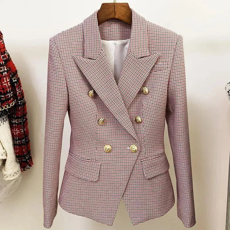 Stylish Pink Houndstooth Blazer for Women - Elegant Formal Business Jacket with Plaid Pattern - Perfect for Office Wear, Interviews & Professional Events
