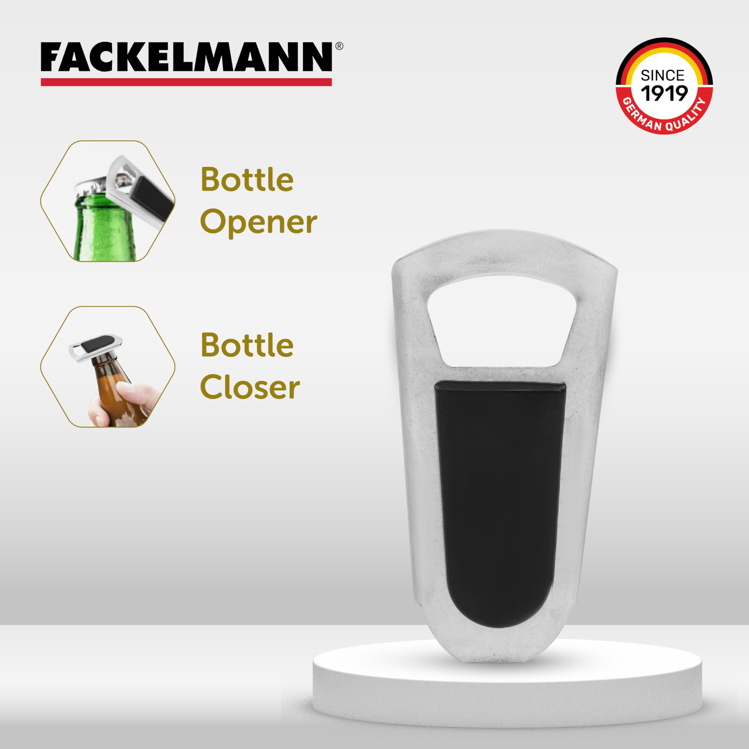Fackelmann Stainless Steel Bottle Opener & Closer - Rust-Proof & Heavy Duty - Perfect for Opening & Sealing Glass Bottles - Ergonomic Grip - Great for Bars, Picnics, Camping & Home Use