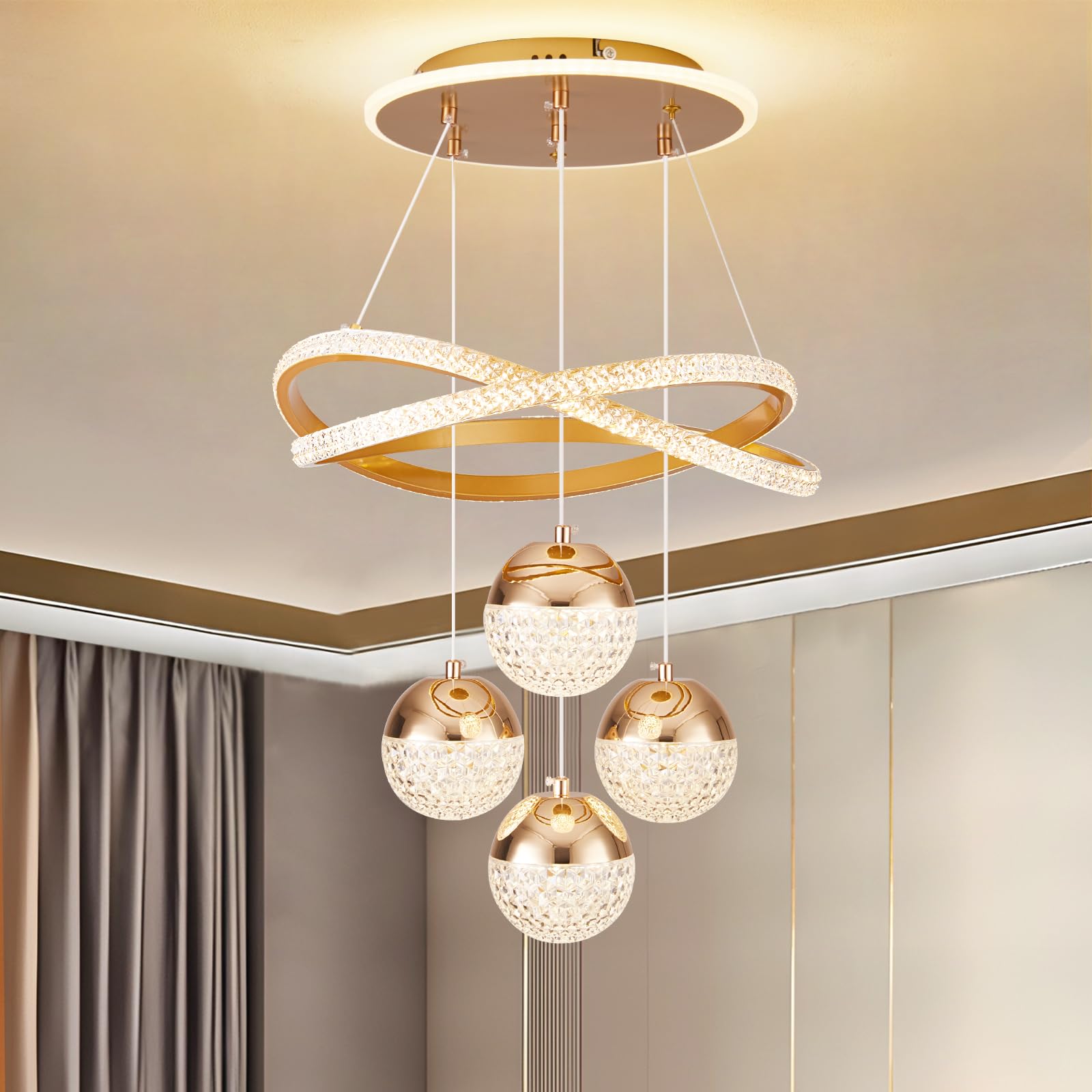 Modern Gold LED Chandelier - 3-Color Dimmable Pendant Light with Adjustable Height for Kitchen Island, Dining Room & Living Room | Contemporary Hanging Ceiling Fixture for Modern Home Decor | Perfect for Dinner Parties, Romantic Ambience & Open-Concept Spaces